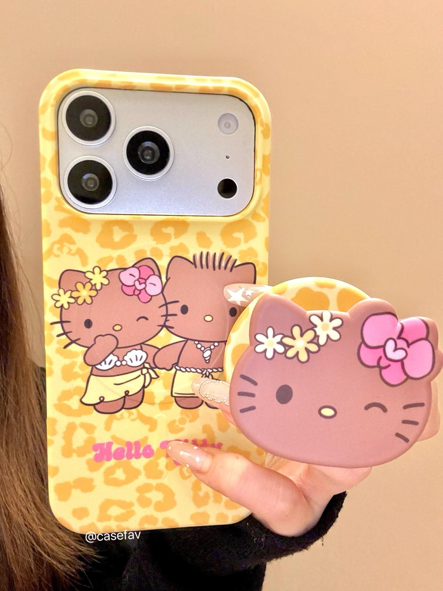 Hello Kitty & Daniel Yellow Leopard Print MagSafe Case + MagSafe Stand Holder / Phone Grip #0634