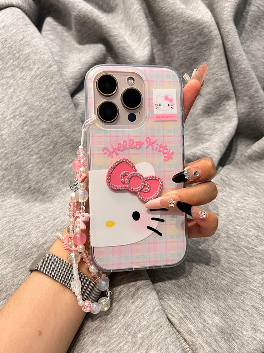 Hellokitty Half Face Plaid Cute Kawaii Phone Case #0504