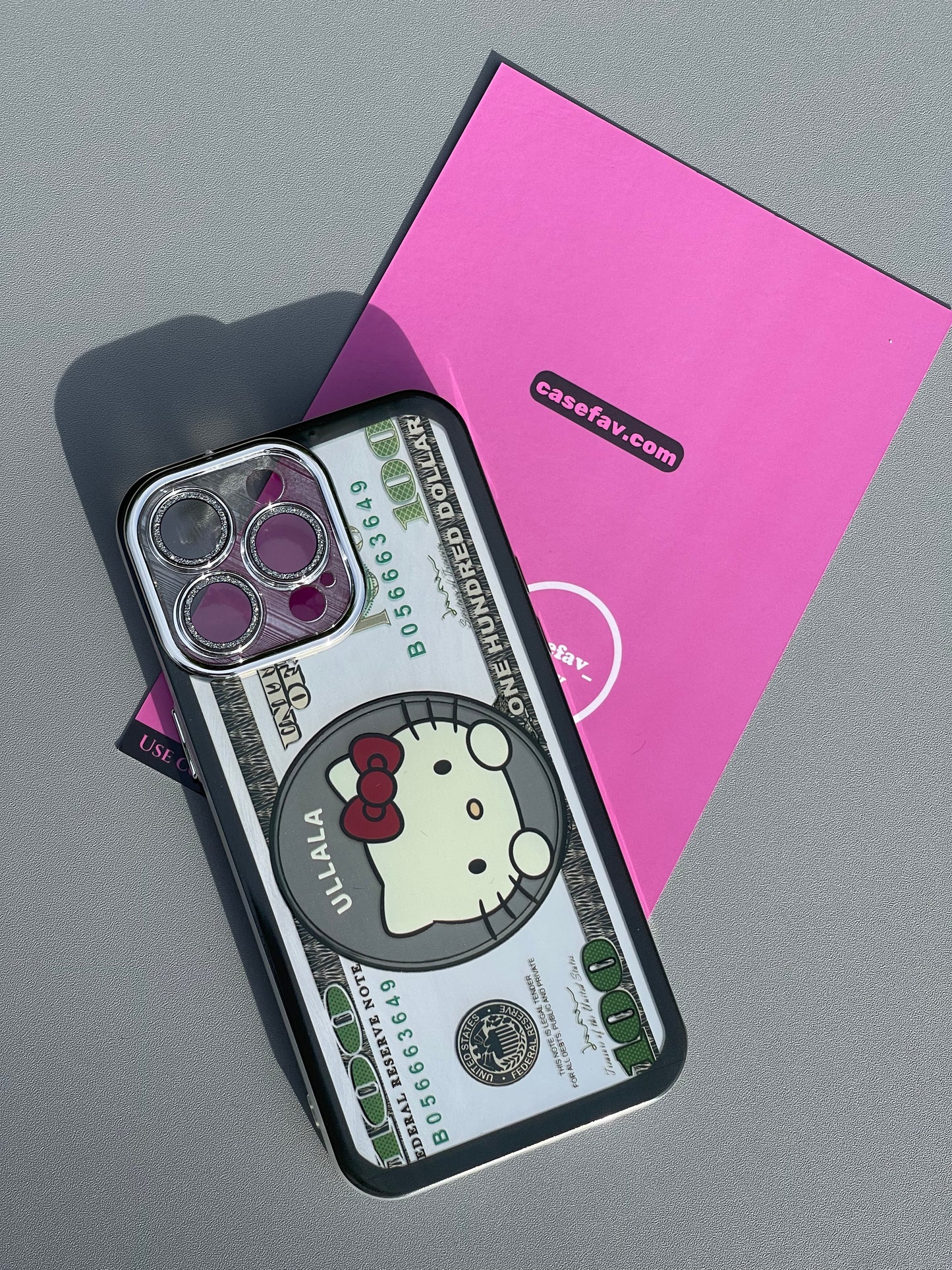 Hellokitty Funny Hundred Dollar Bill Cute Kawaii Phone Case With Rhinestone Built-in Lens Protector #0099