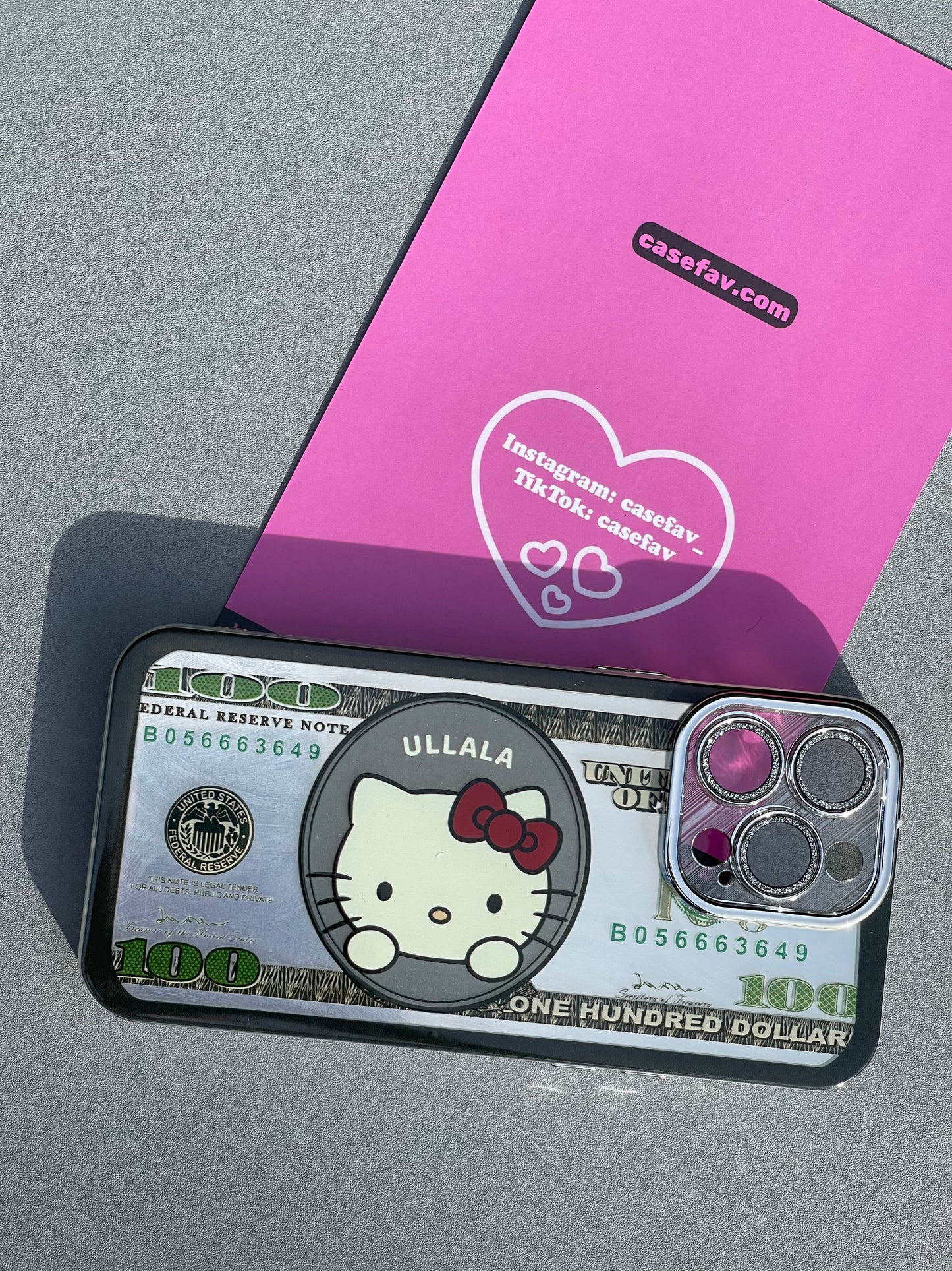 Hellokitty Funny Hundred Dollar Bill Cute Kawaii Phone Case With Rhinestone Built-in Lens Protector #0099