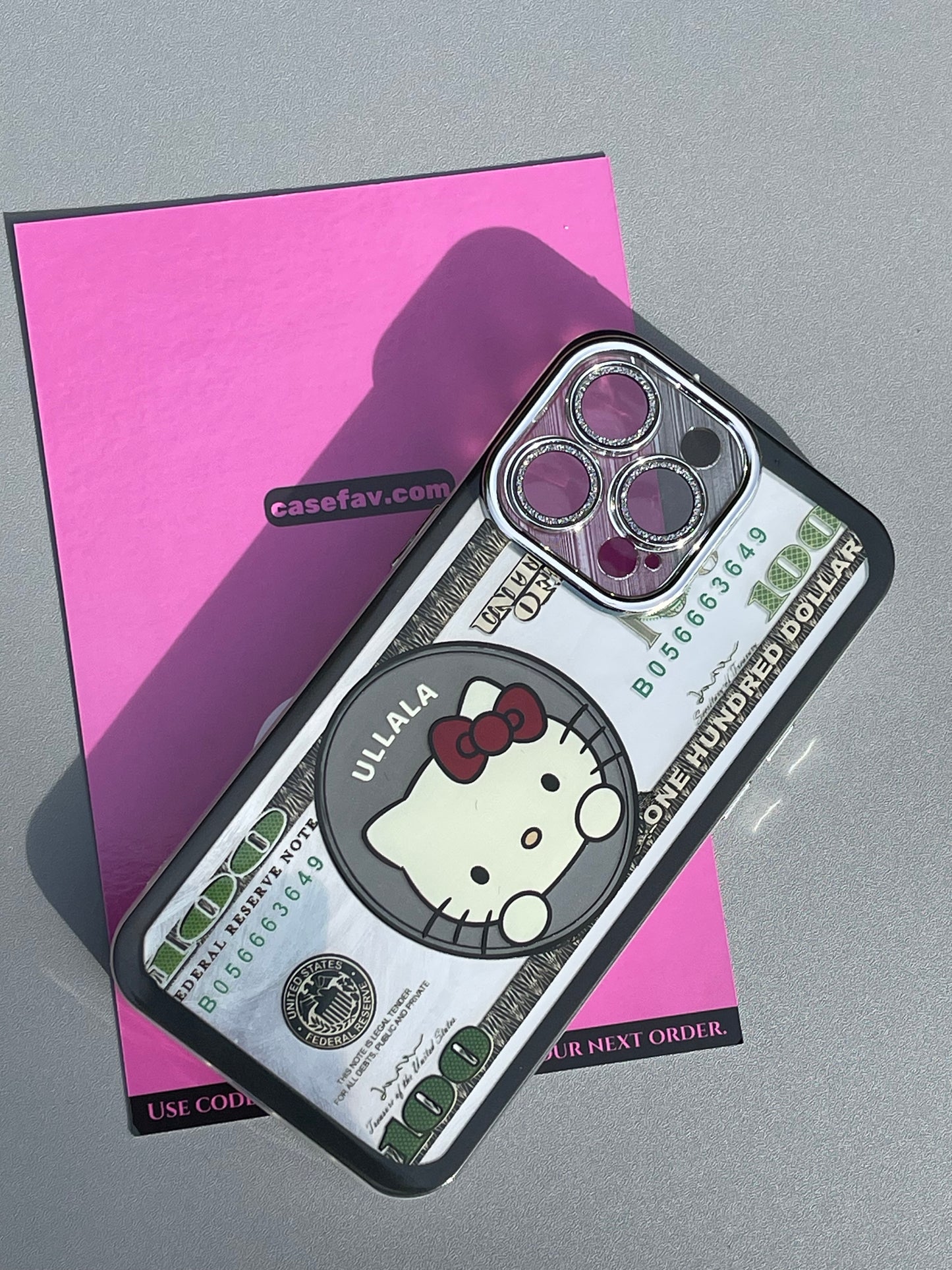 Hellokitty Funny Hundred Dollar Bill Cute Kawaii Phone Case With Rhinestone Built-in Lens Protector #0099