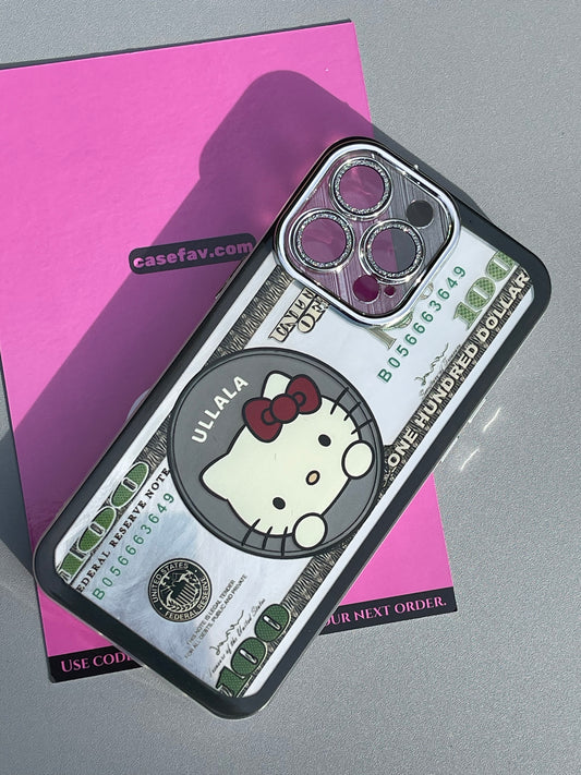 Hellokitty Funny Hundred Dollar Bill Cute Kawaii Phone Case With Rhinestone Built-in Lens Protector #0099