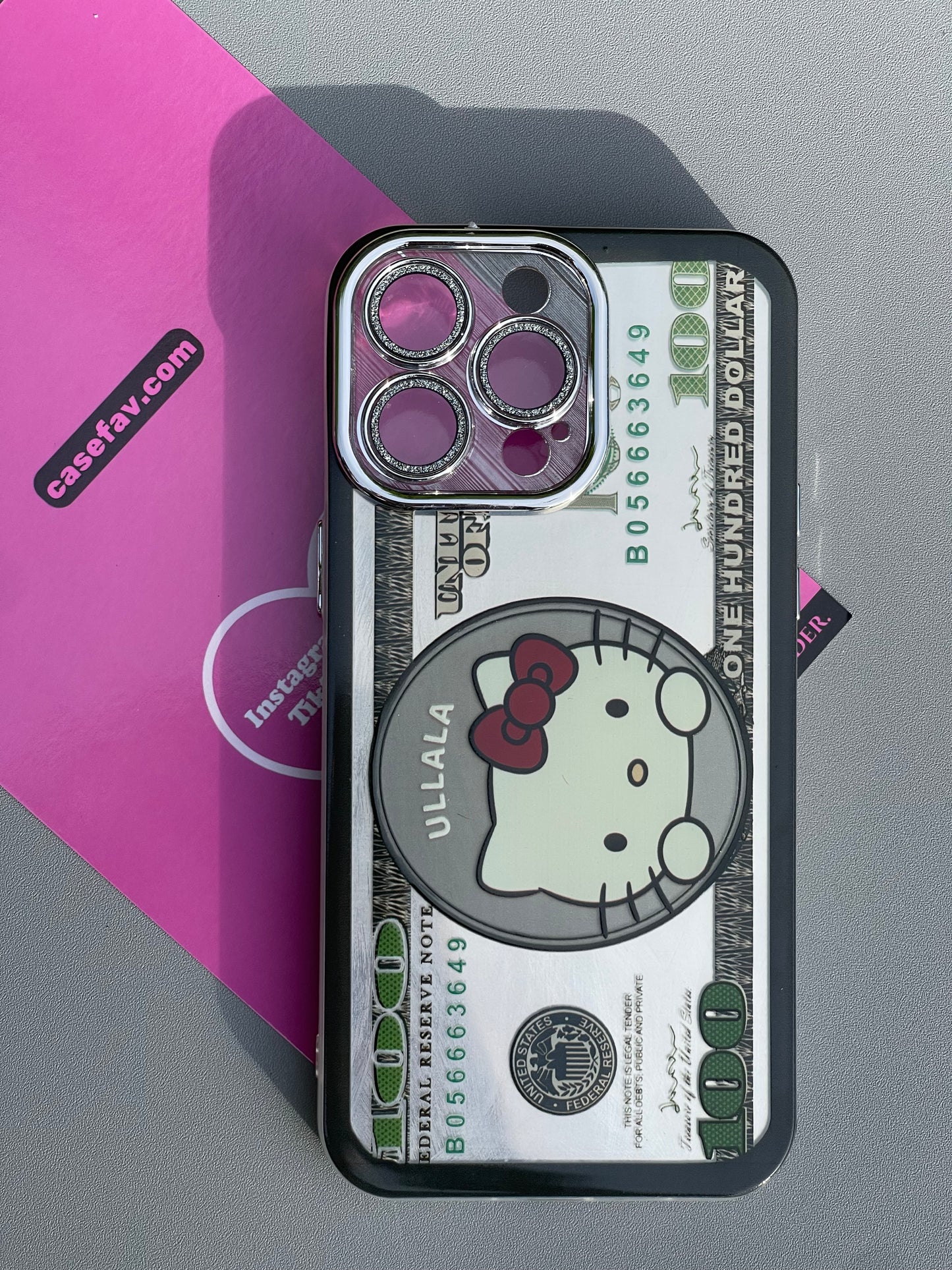 Hellokitty Funny Hundred Dollar Bill Cute Kawaii Phone Case With Rhinestone Built-in Lens Protector #0099