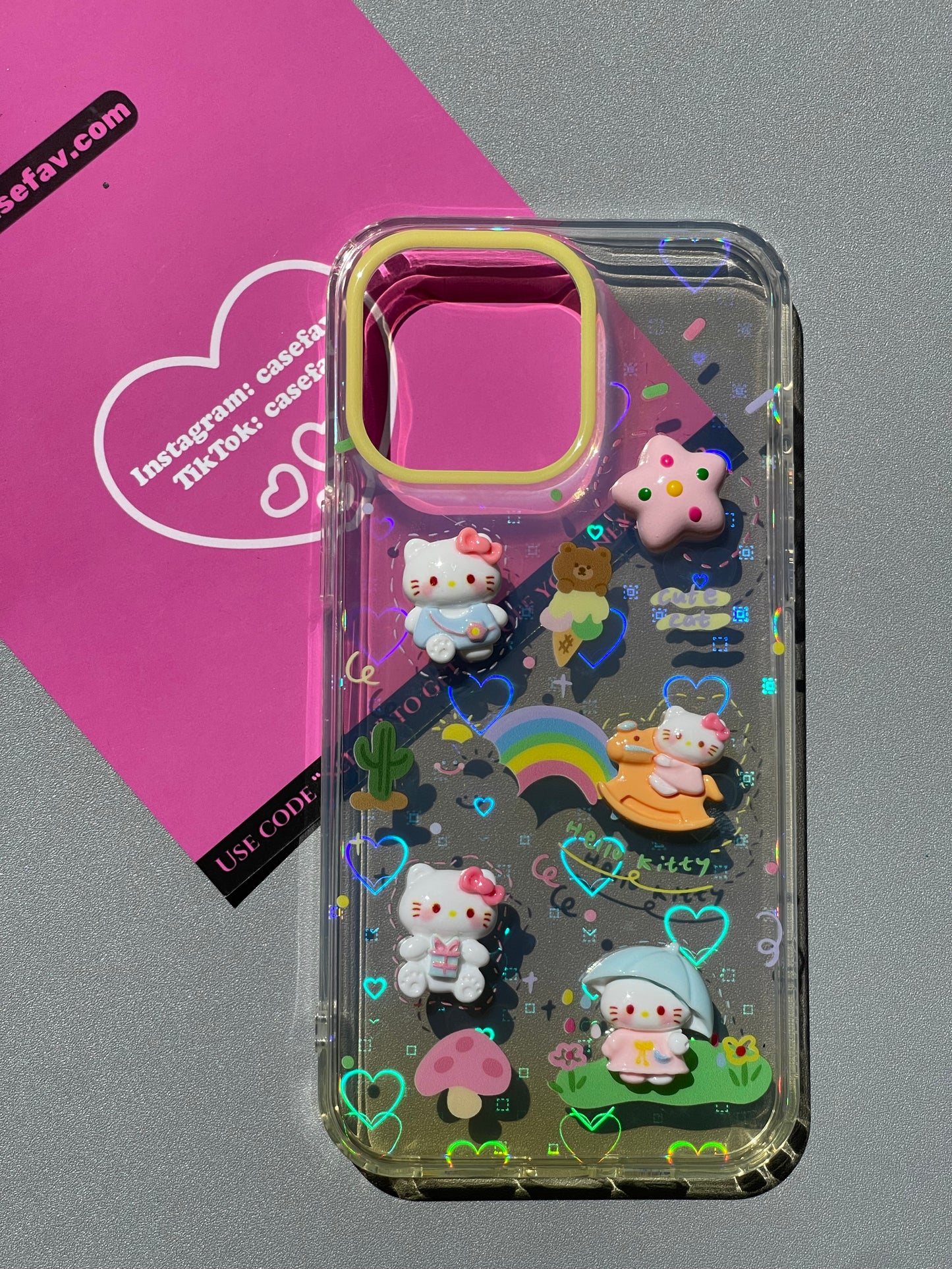 Hellokitty 3D Clear Holographic Subtle Heart Cute Kawaii Phone Case #0248