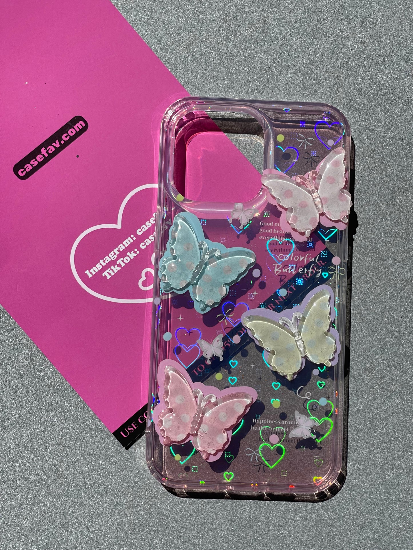 Colorful Butterfly 3D Clear Holographic Subtle Heart Cute Kawaii Phone Case #0249