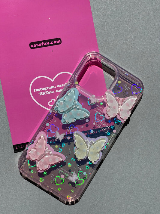 Colorful Butterfly 3D Clear Holographic Subtle Heart Cute Kawaii Phone Case #0249