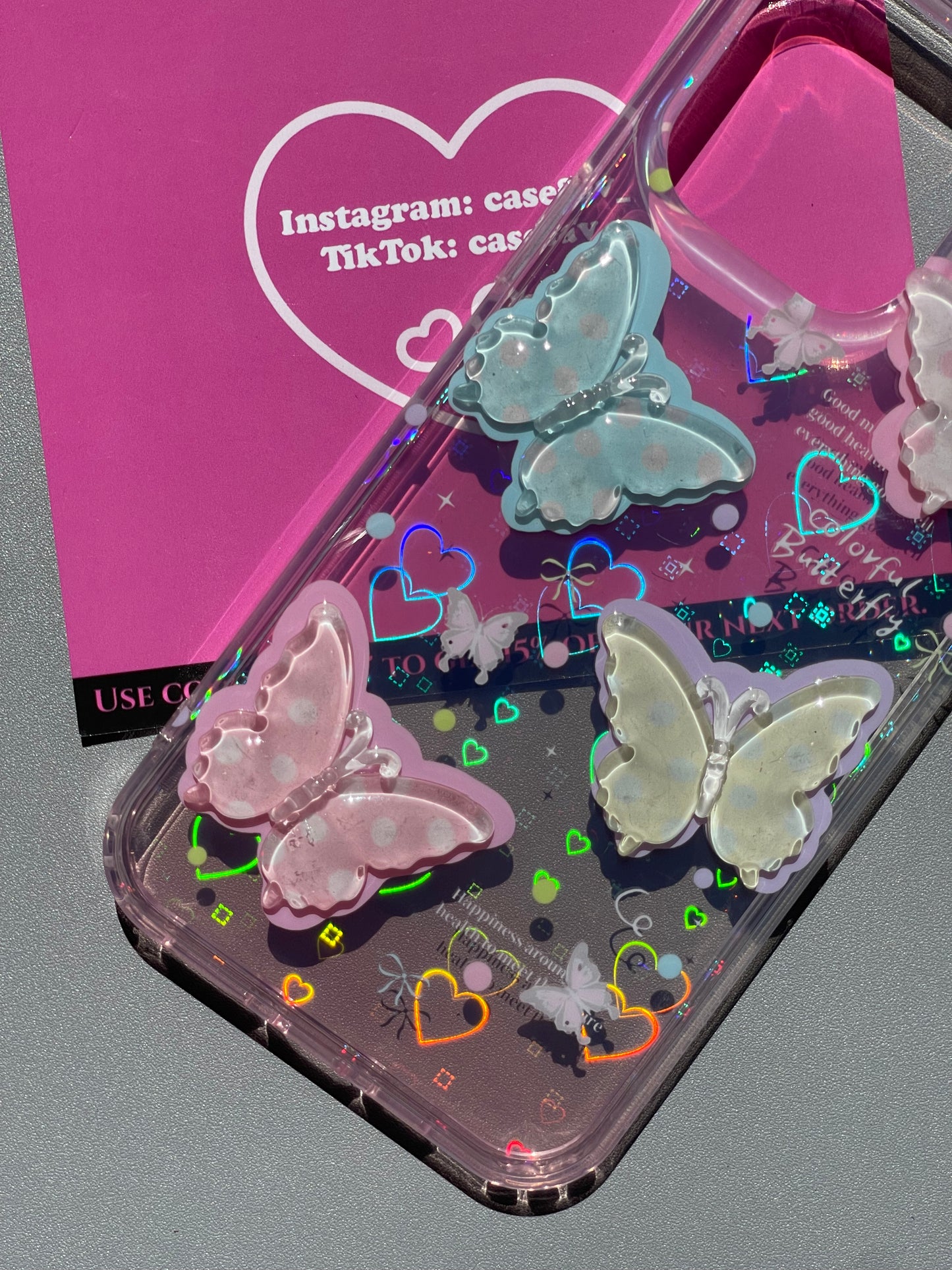 Colorful Butterfly 3D Clear Holographic Subtle Heart Cute Kawaii Phone Case #0249