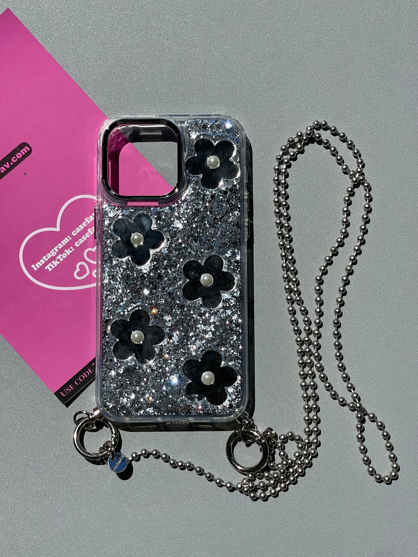 Silver Three Dimensional Flower Cute Kawaii Phone Case With Strap Phone Chain #0251