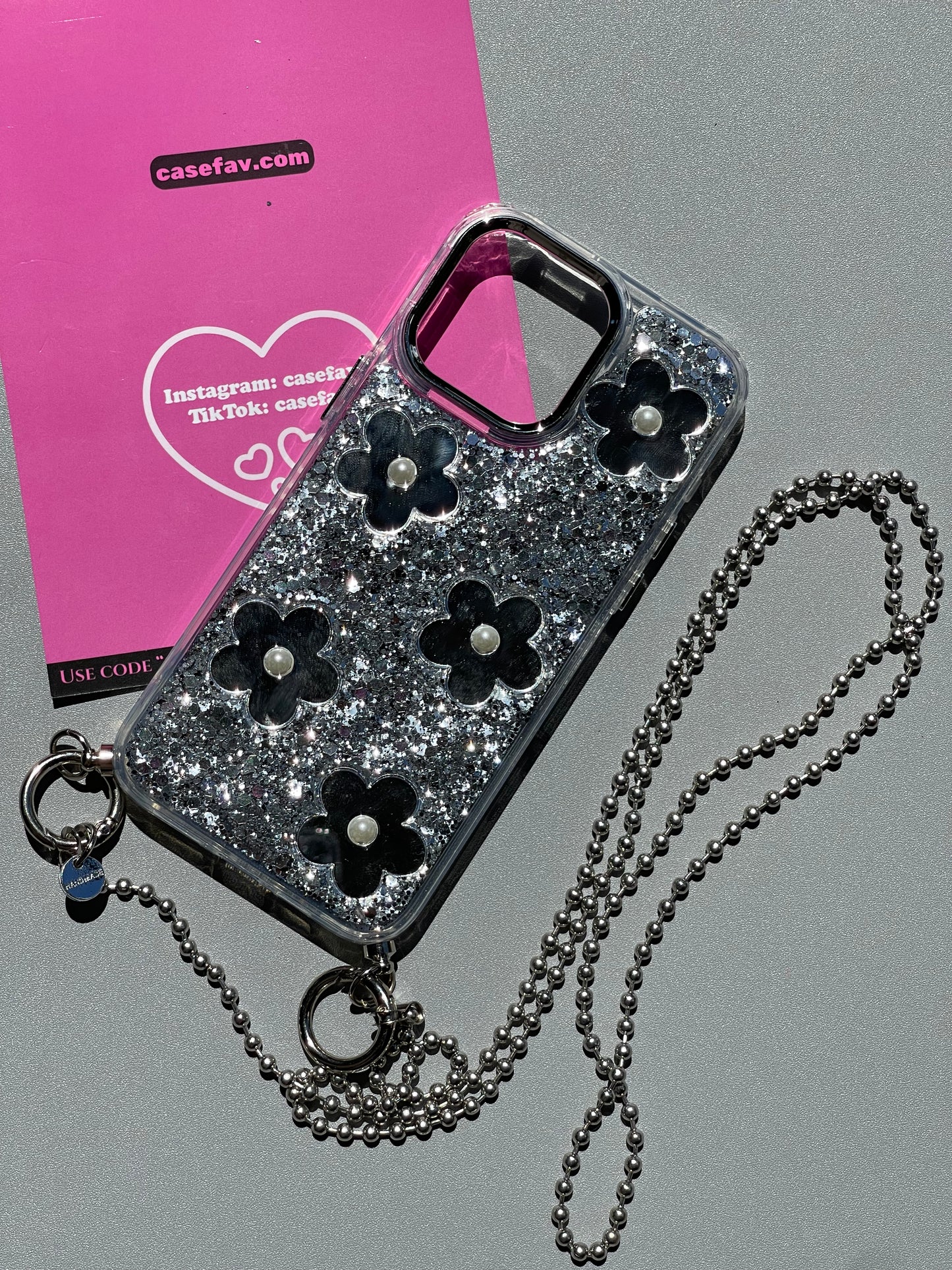 Silver Three Dimensional Flower Cute Kawaii Phone Case With Strap Phone Chain #0251