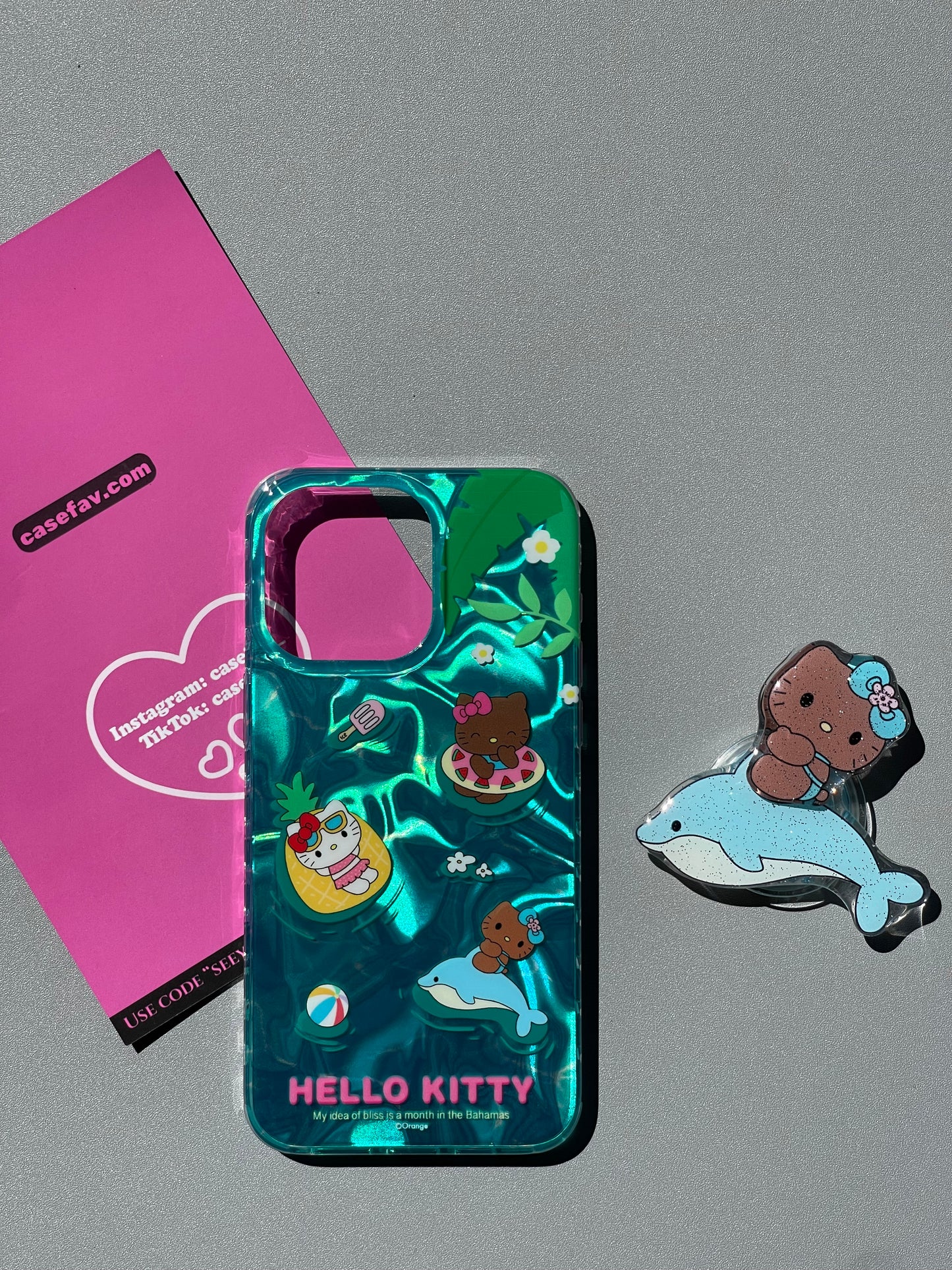 Tan Hellokitty Ocean Cute Kawaii Phone Case + Hellokitty Dolphin Shaped Stand Holder / Phone Grip #0125