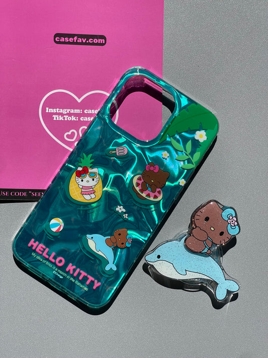 Tan Hellokitty Ocean Cute Kawaii Phone Case + Hellokitty Dolphin Shaped Stand Holder / Phone Grip #0125