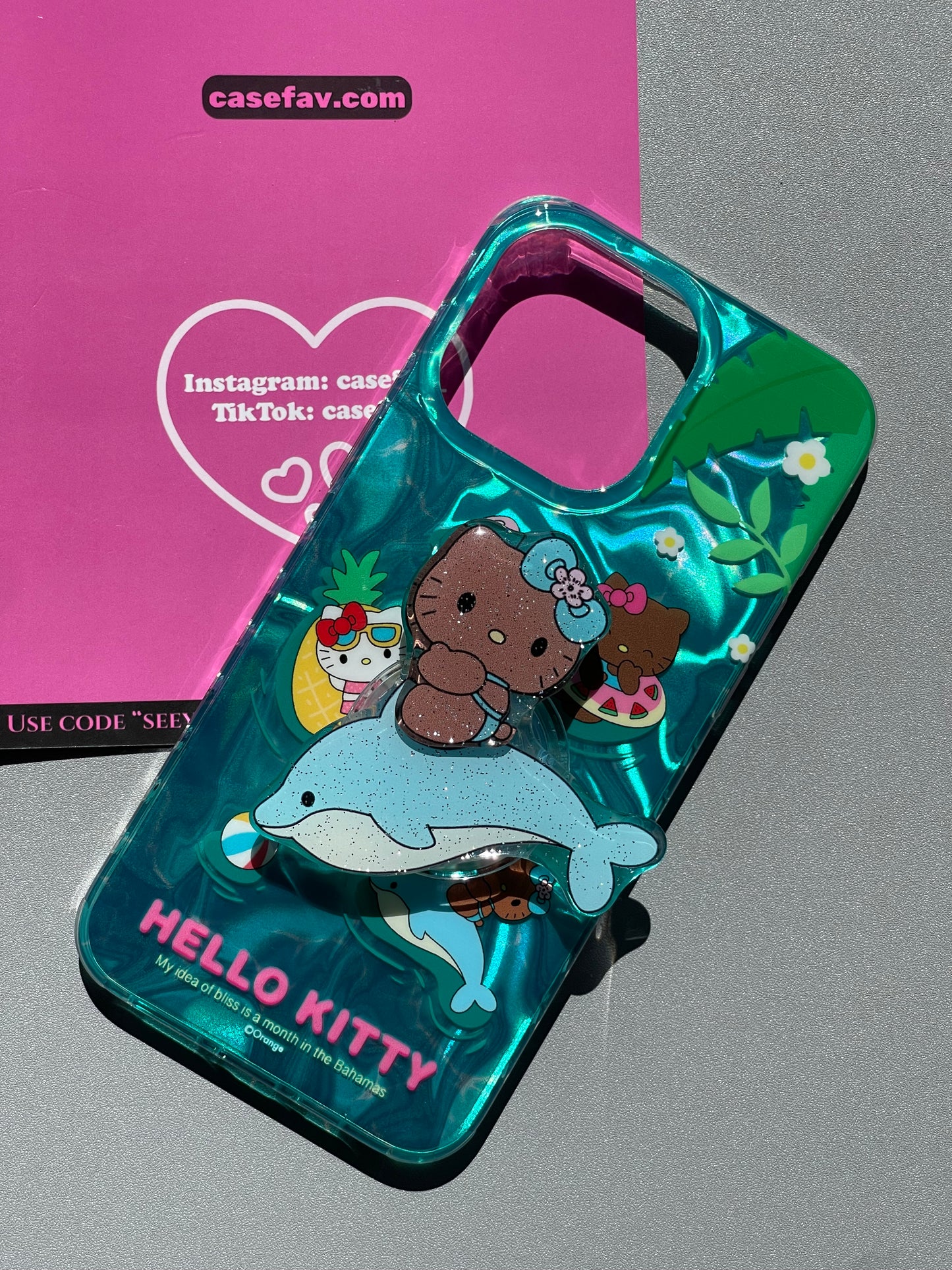 Tan Hellokitty Ocean Cute Kawaii Phone Case + Hellokitty Dolphin Shaped Stand Holder / Phone Grip #0125