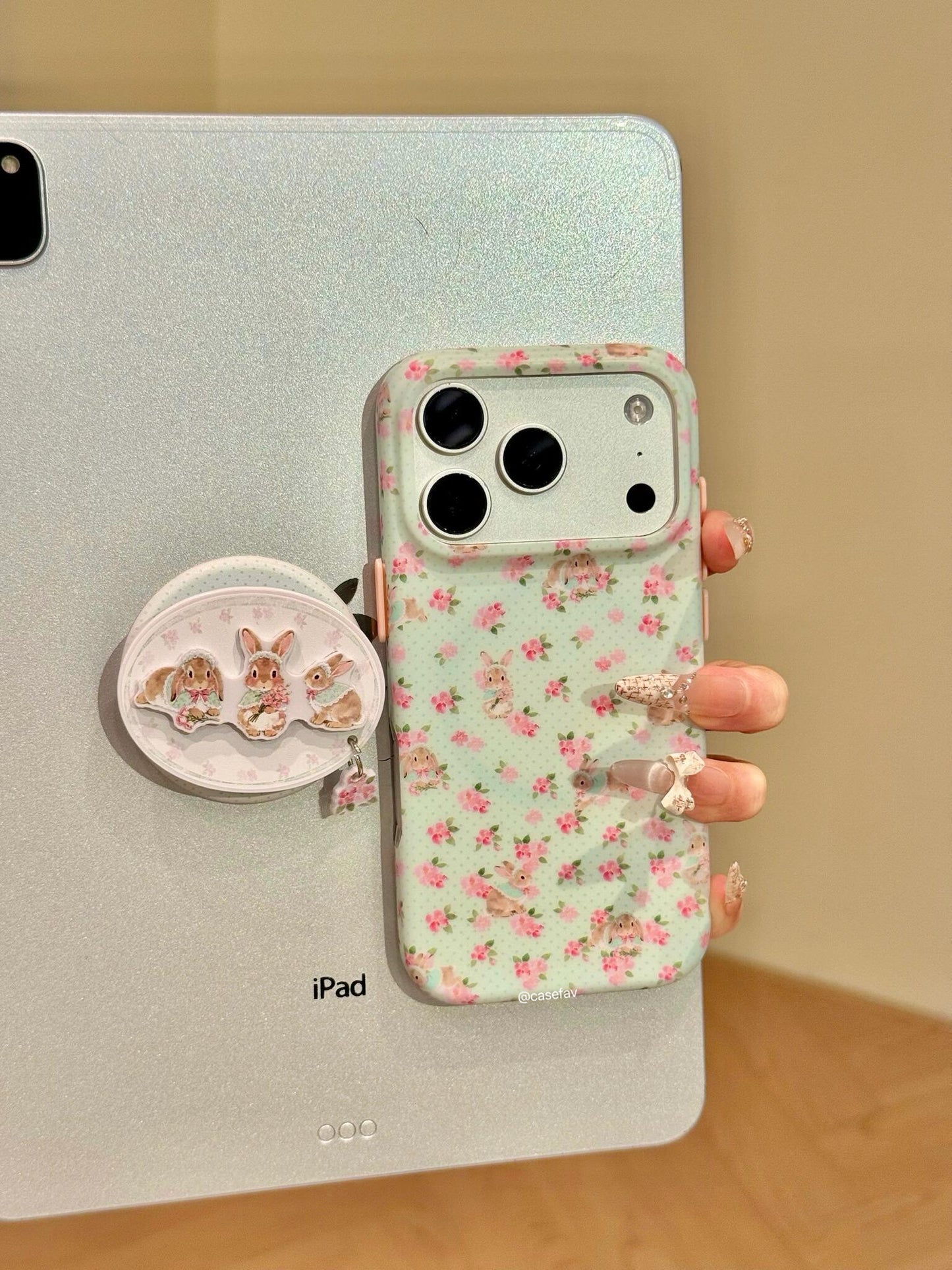 Floral Bunny Green  Cute Kawaii MagSafe Case + MagSafe Stand Holder / Phone Grip #0595