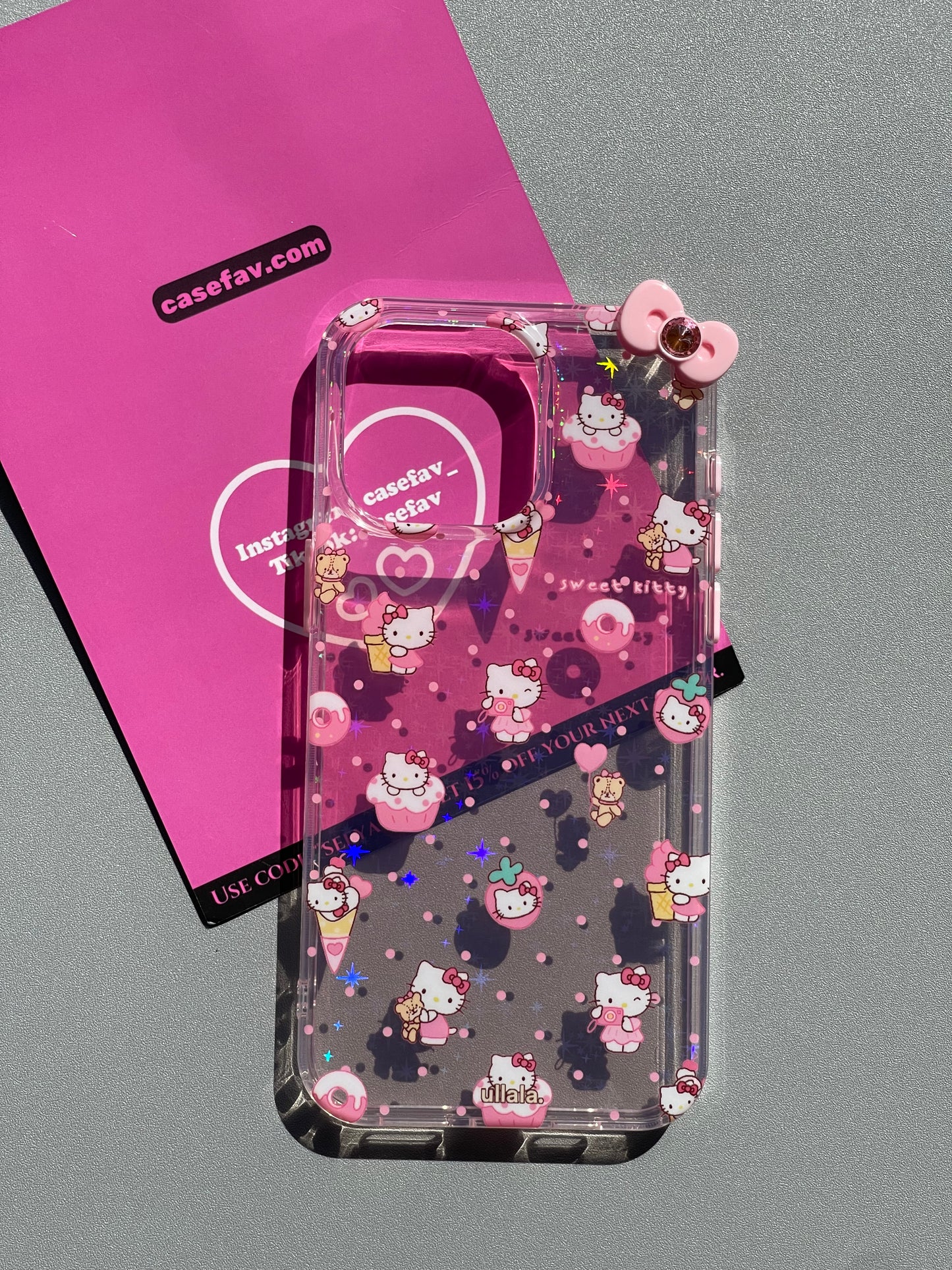 Hellokitty Dessert 3D Bowtie Clear Holographic Subtle Heart Side Pink Buttons Cute Kawaii Case #0158