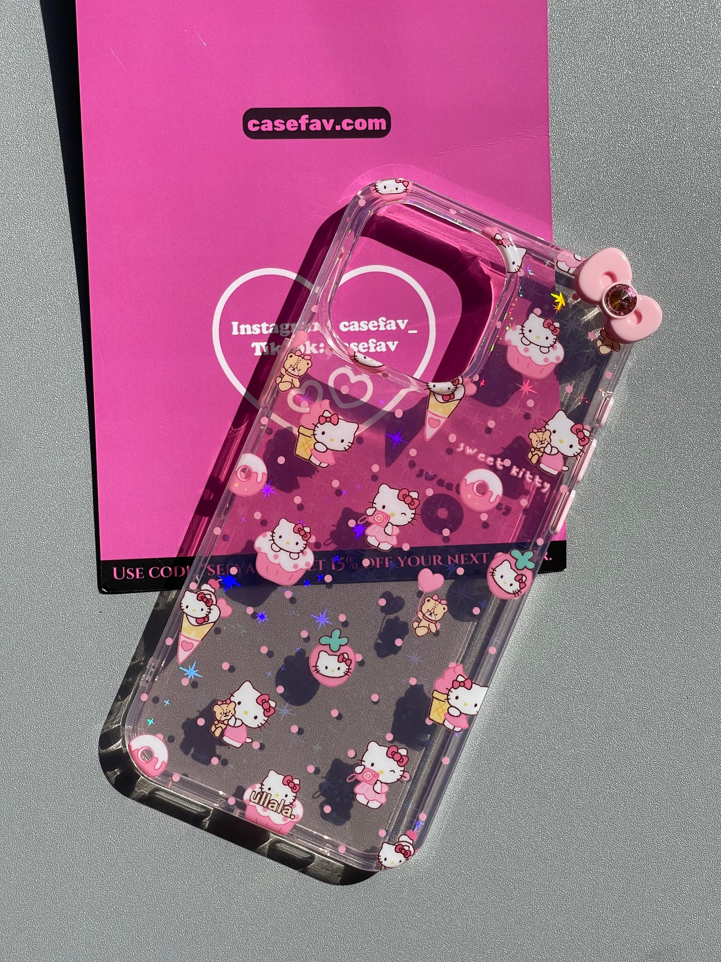 Hellokitty Dessert 3D Bowtie Clear Holographic Subtle Heart Side Pink Buttons Cute Kawaii Case #0158