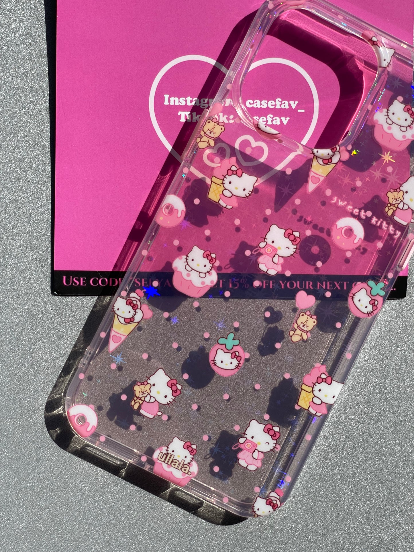 Hellokitty Dessert 3D Bowtie Clear Holographic Subtle Heart Side Pink Buttons Cute Kawaii Case #0158