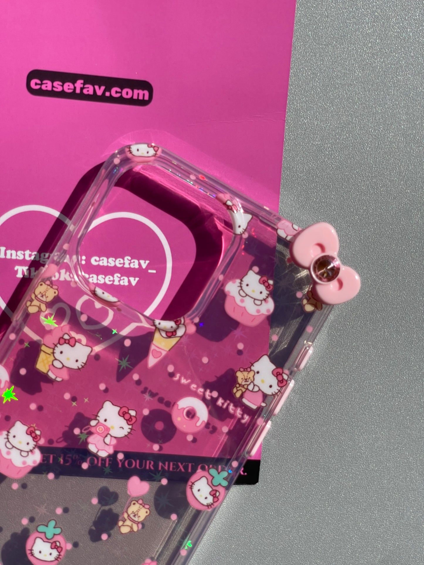 Hellokitty Dessert 3D Bowtie Clear Holographic Subtle Heart Side Pink Buttons Cute Kawaii Case #0158