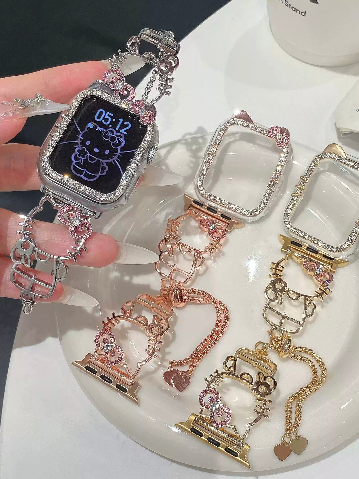 Hellokitty Shape Apple Watch Band Bling Diamond Jewelry Metal Strap Bands with Crystal Tempered Glass Screen Protector Case, Round Shiny Bracelet Wristband for iWatch Series wb#0002