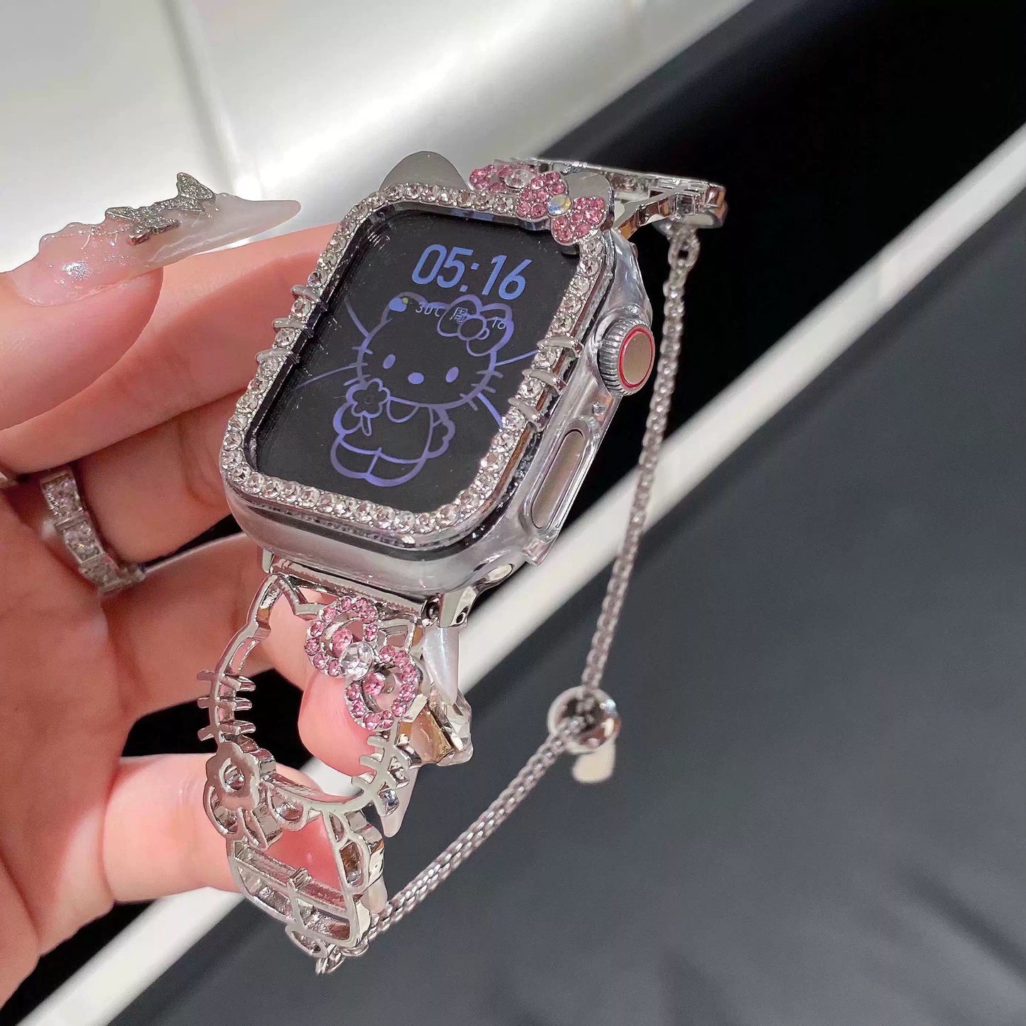 Hellokitty Shape Apple Watch Band Bling Diamond Jewelry Metal Strap Bands with Crystal Tempered Glass Screen Protector Case, Round Shiny Bracelet Wristband for iWatch Series wb#0002