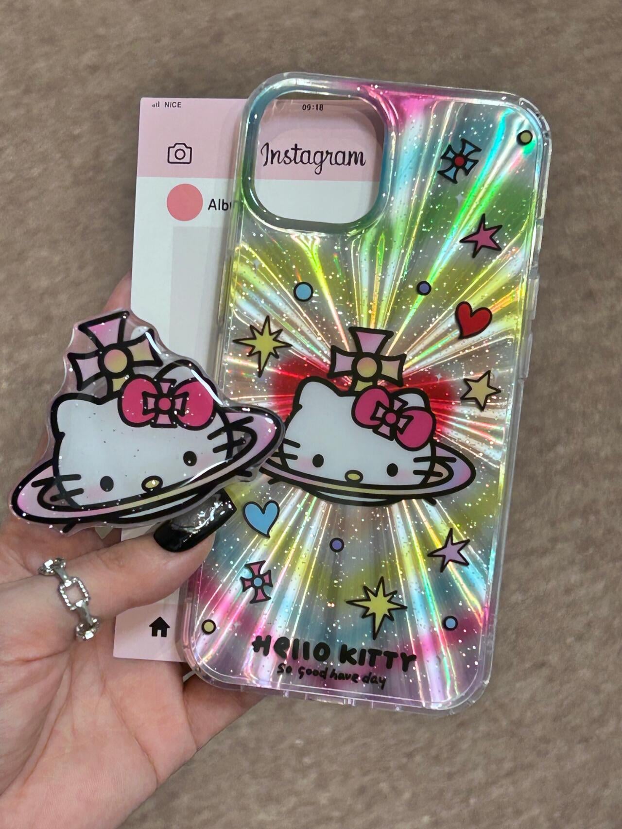 Hellokitty Colorful Planet Laser Cute Kawaii Phone Case + Stand Holder / Phone Grip #0020