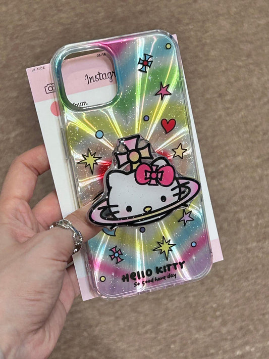 Hellokitty Colorful Planet Laser Cute Kawaii Phone Case + Stand Holder / Phone Grip #0020