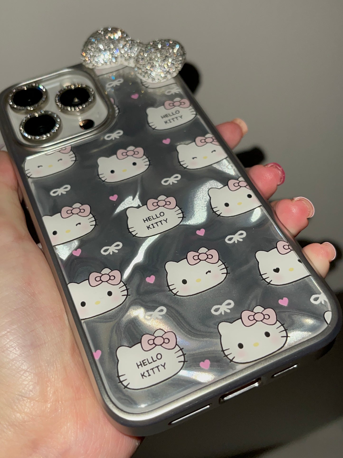 Hellokitty 3D Bowtie Silver Ripple Cute Kawaii Phone Case #0192