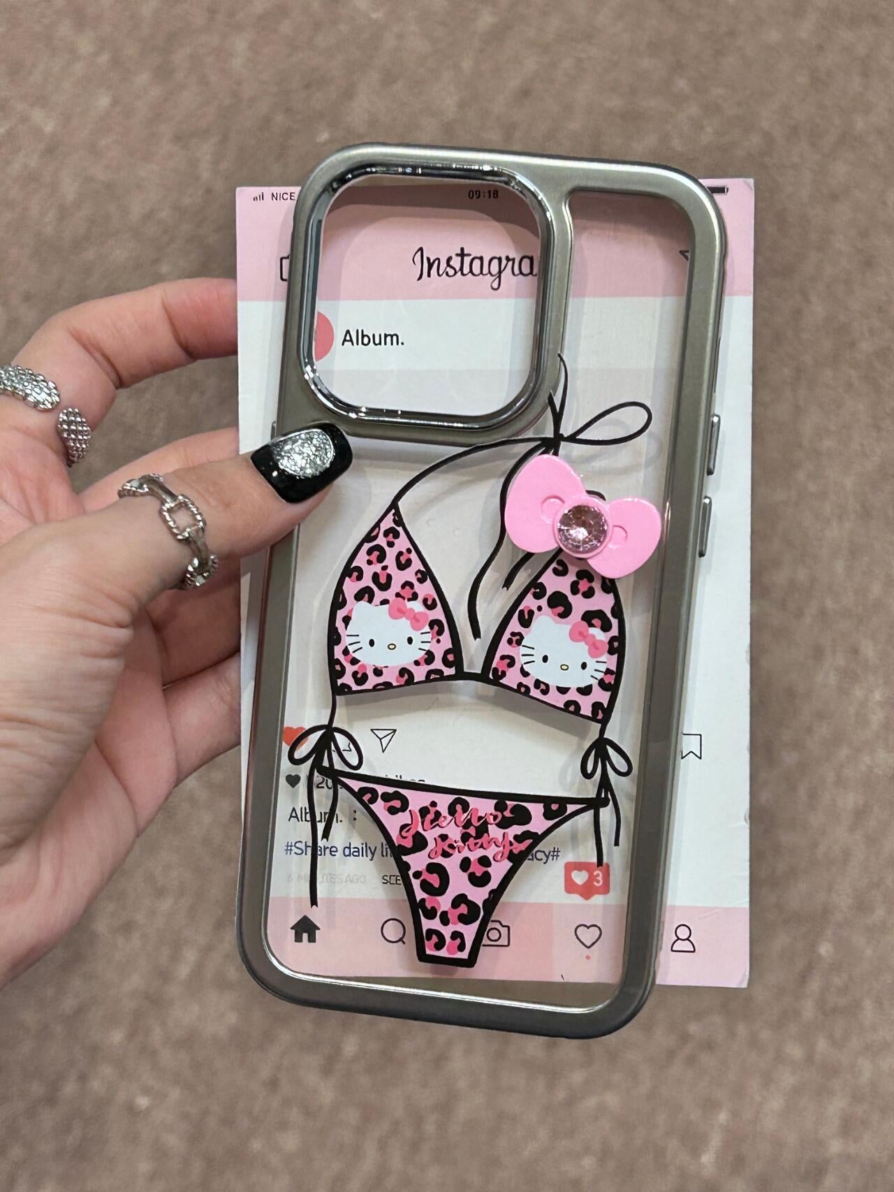 Hellokitty Leopard Print Bikini 3D Pink Bow Clear Silver Border Cute Kawaii Phone Case #0150