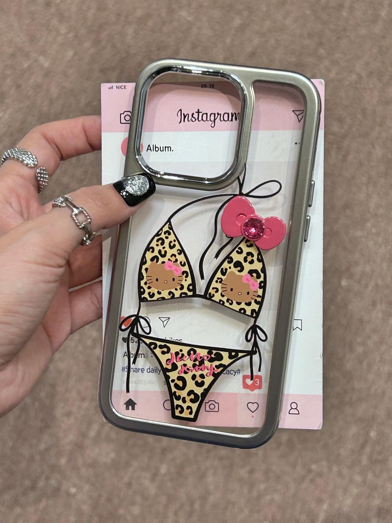 Hellokitty Leopard Print Bikini 3D Pink Bow Clear Silver Border Cute Kawaii Phone Case #0150