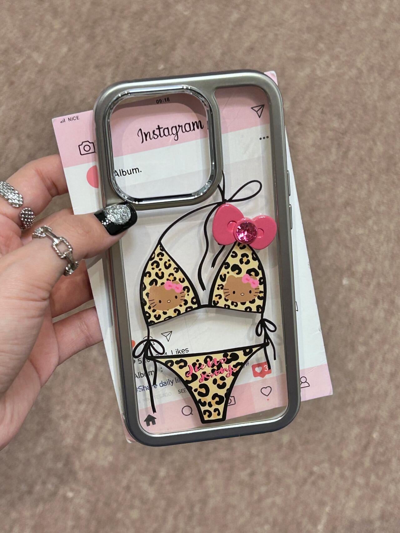 Hellokitty Leopard Print Bikini 3D Pink Bow Clear Silver Border Cute Kawaii Phone Case #0150