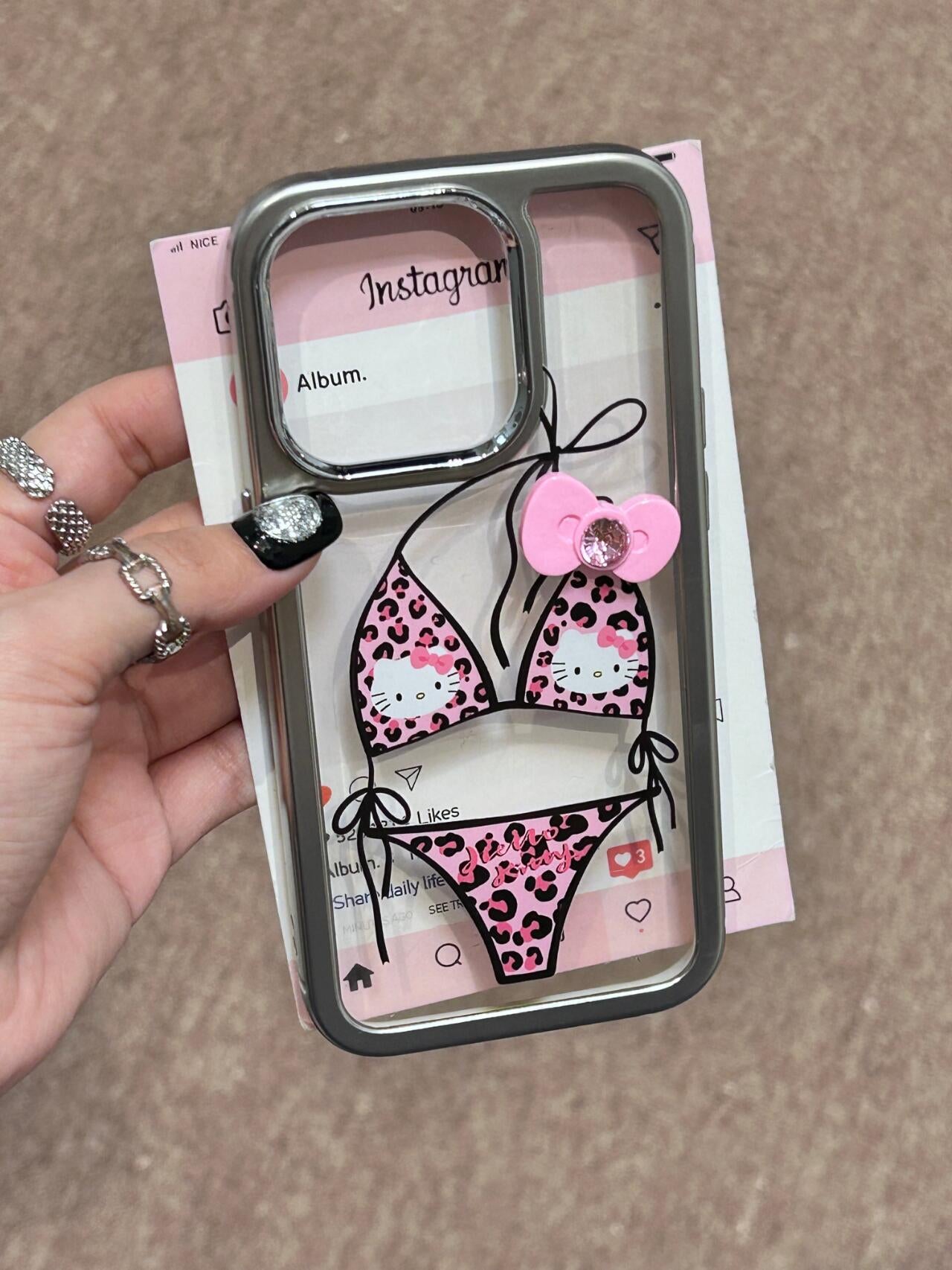 Hellokitty Leopard Print Bikini 3D Pink Bow Clear Silver Border Cute Kawaii Phone Case #0150