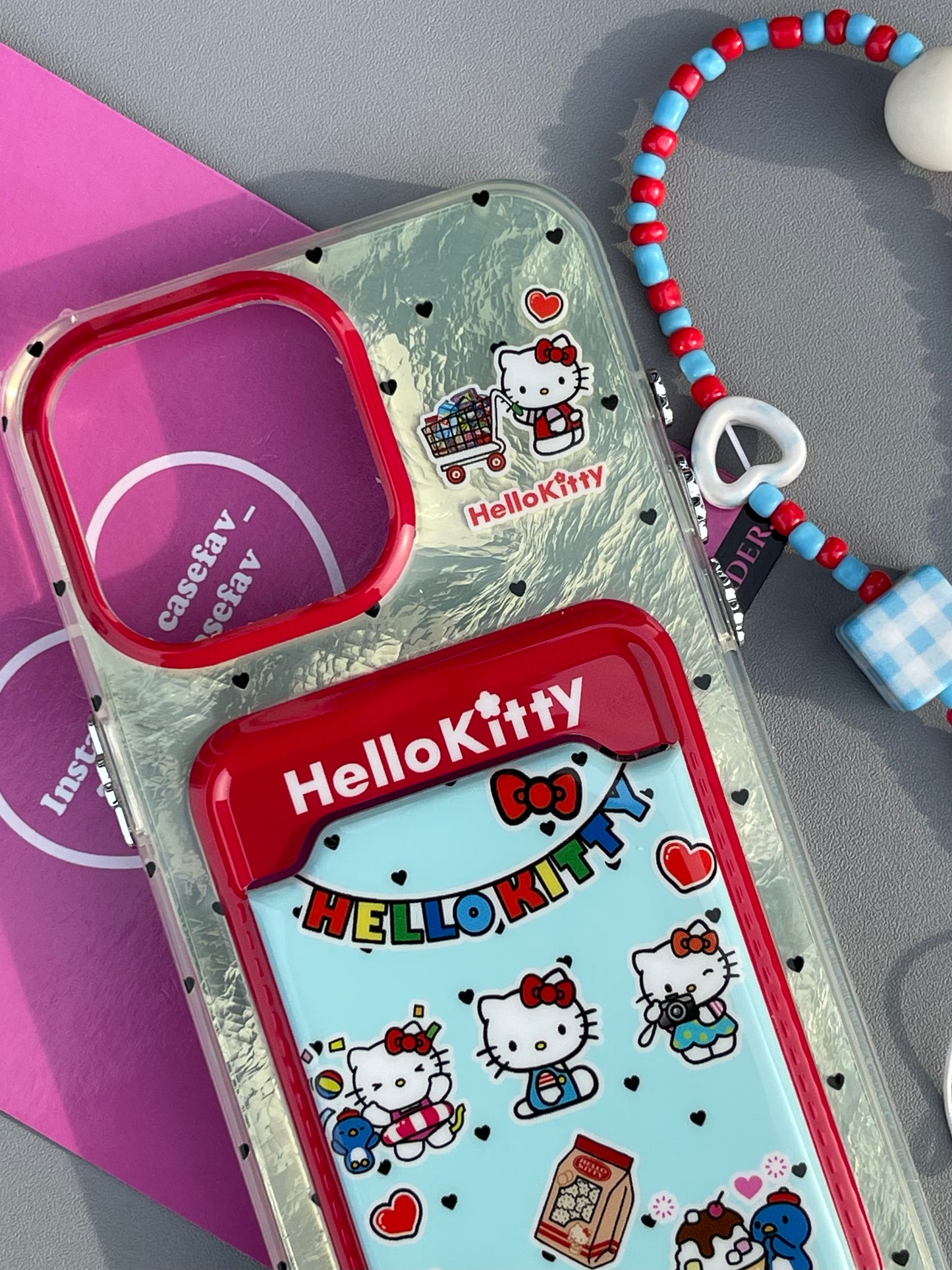 Hellokitty Silver Shell Textured Card Case Cute Kawaii Phone Case with Phone Chain #0283