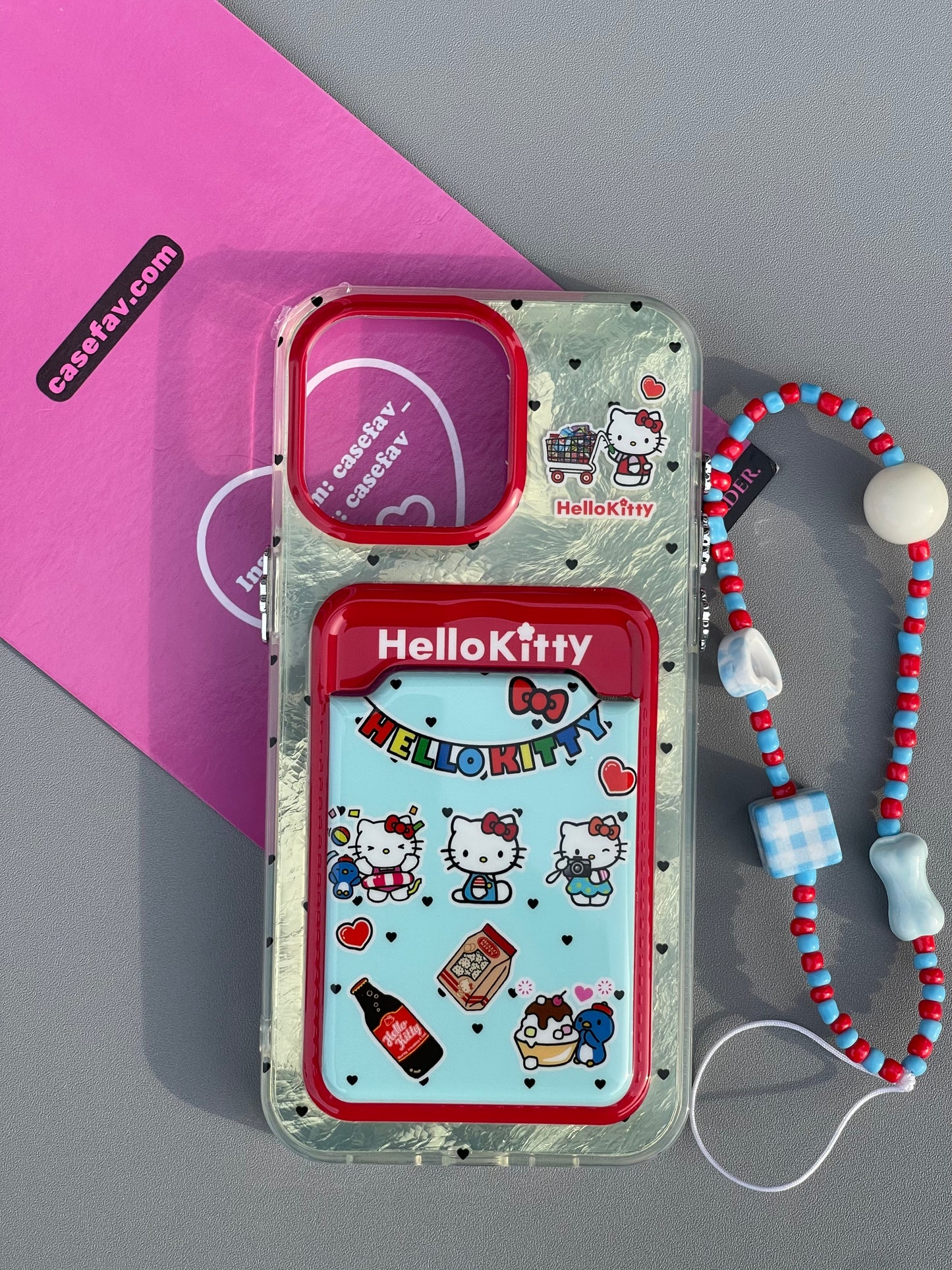 Hellokitty Silver Shell Textured Card Case Cute Kawaii Phone Case with Phone Chain #0283