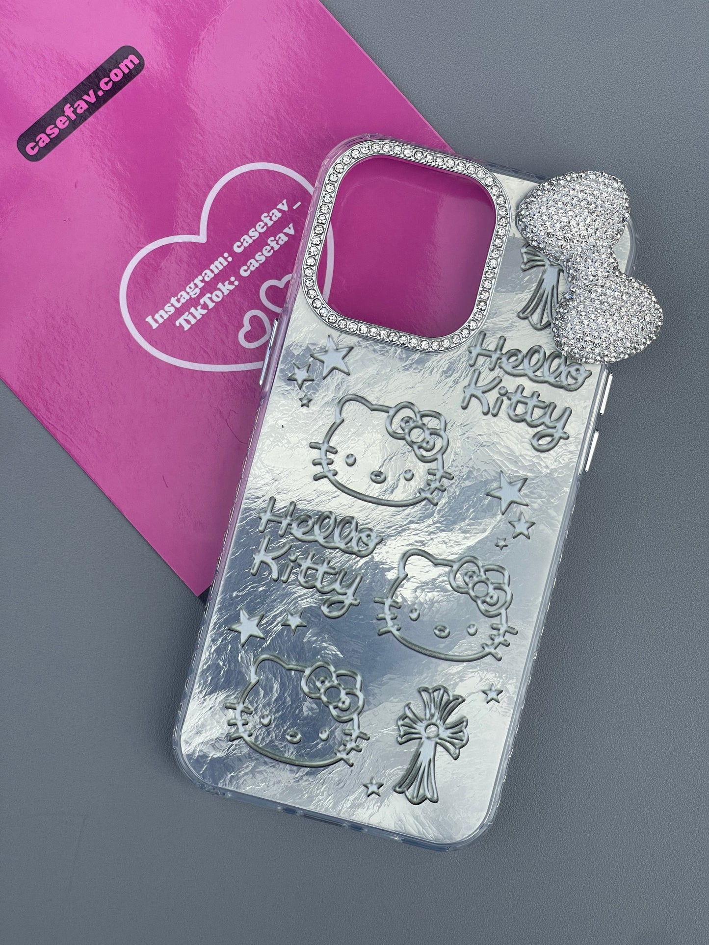 Hellokitty Silver Shell Texture 3D Rhinestone Bow Cute Kawaii Phone Case #0290