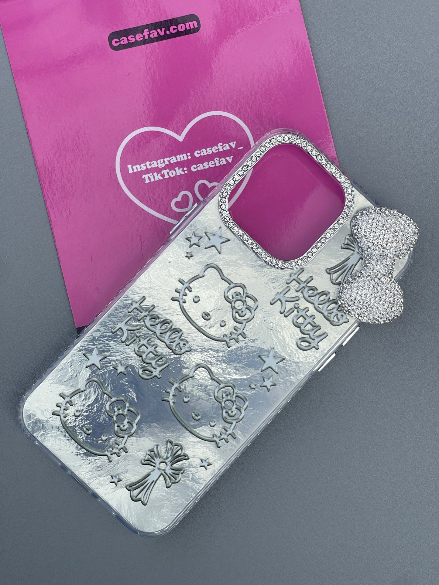 Hellokitty Silver Shell Texture 3D Rhinestone Bow Cute Kawaii Phone Case #0290