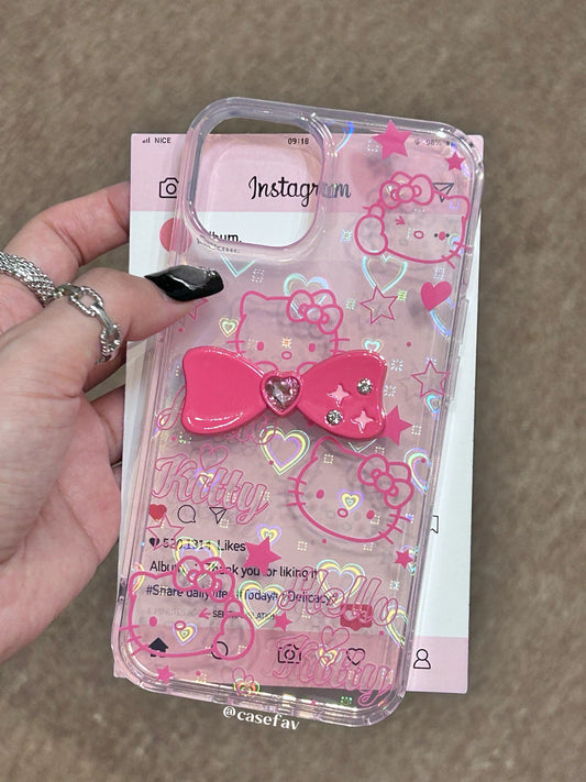 Hellokitty Pink 3D Red Bow Clear Holographic Subtle Heart Cute Kawaii Phone Case #0030