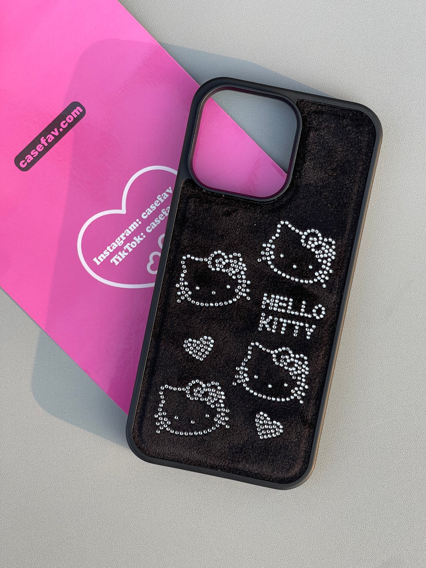 Hellokitty Black Suede Rhinestone Cute Kawaii Phone Case with Phone Chain#0276