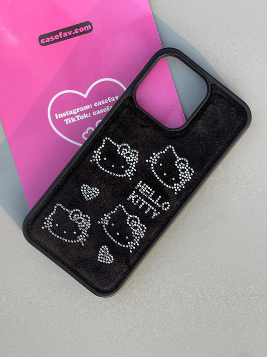 Hellokitty Black Suede Rhinestone Cute Kawaii Phone Case with Phone Chain#0276