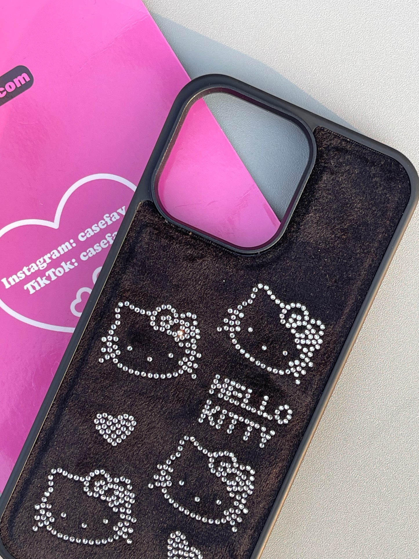 Hellokitty Black Suede Rhinestone Cute Kawaii Phone Case with Phone Chain#0276