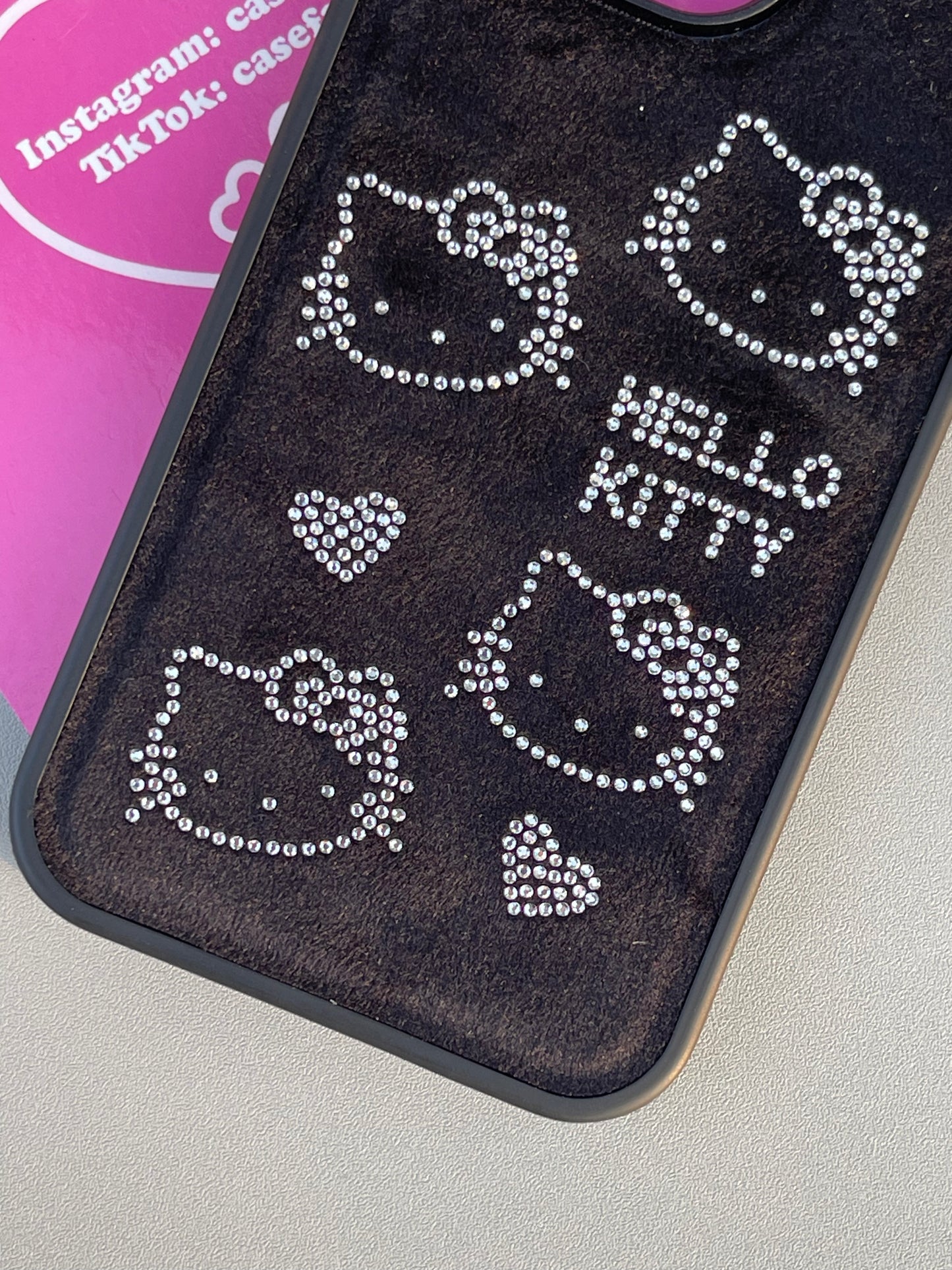 Hellokitty Black Suede Rhinestone Cute Kawaii Phone Case with Phone Chain#0276