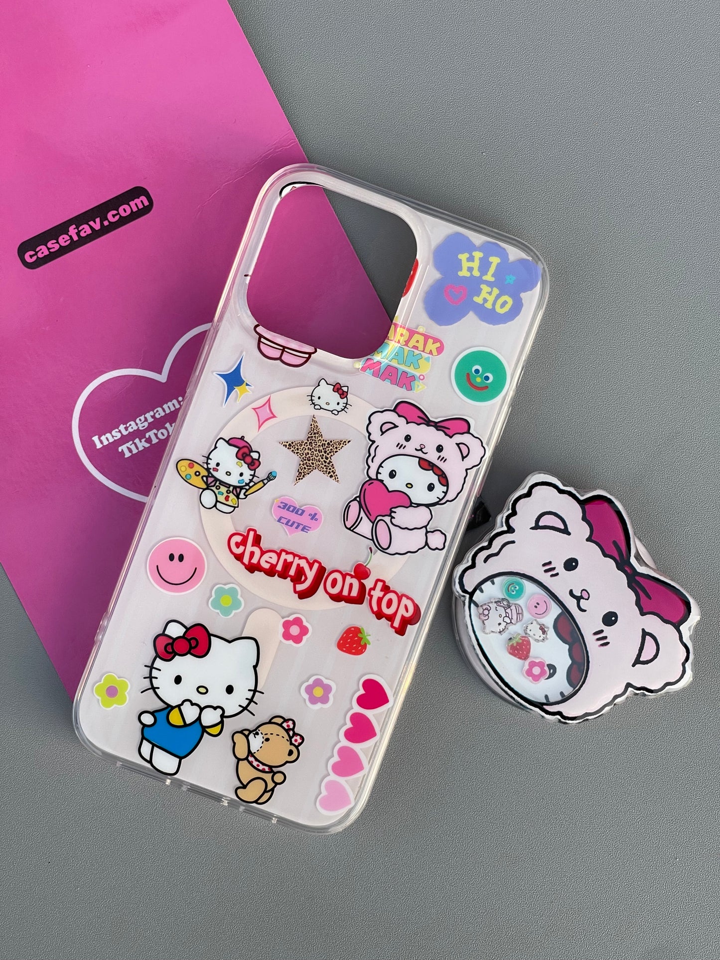 Hellokitty Pink Cute Kawaii MagSafe Case + MagSafe Stand Holder / Phone Grip #0296