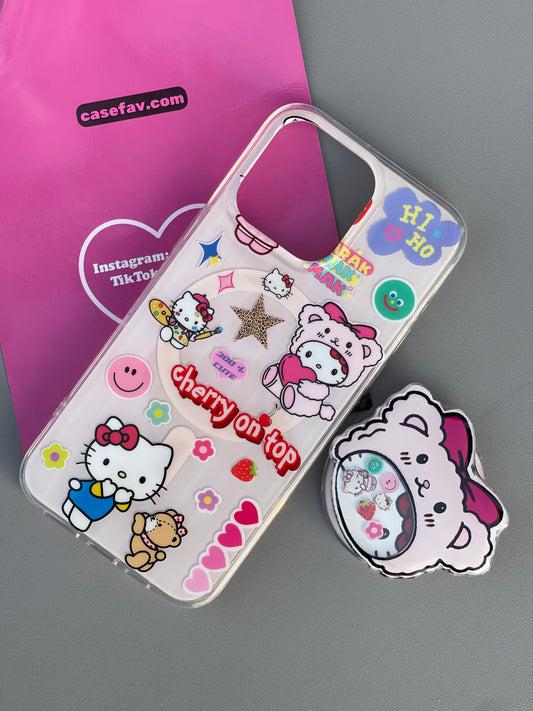 Hellokitty Pink Cute Kawaii MagSafe Case + MagSafe Stand Holder / Phone Grip #0296