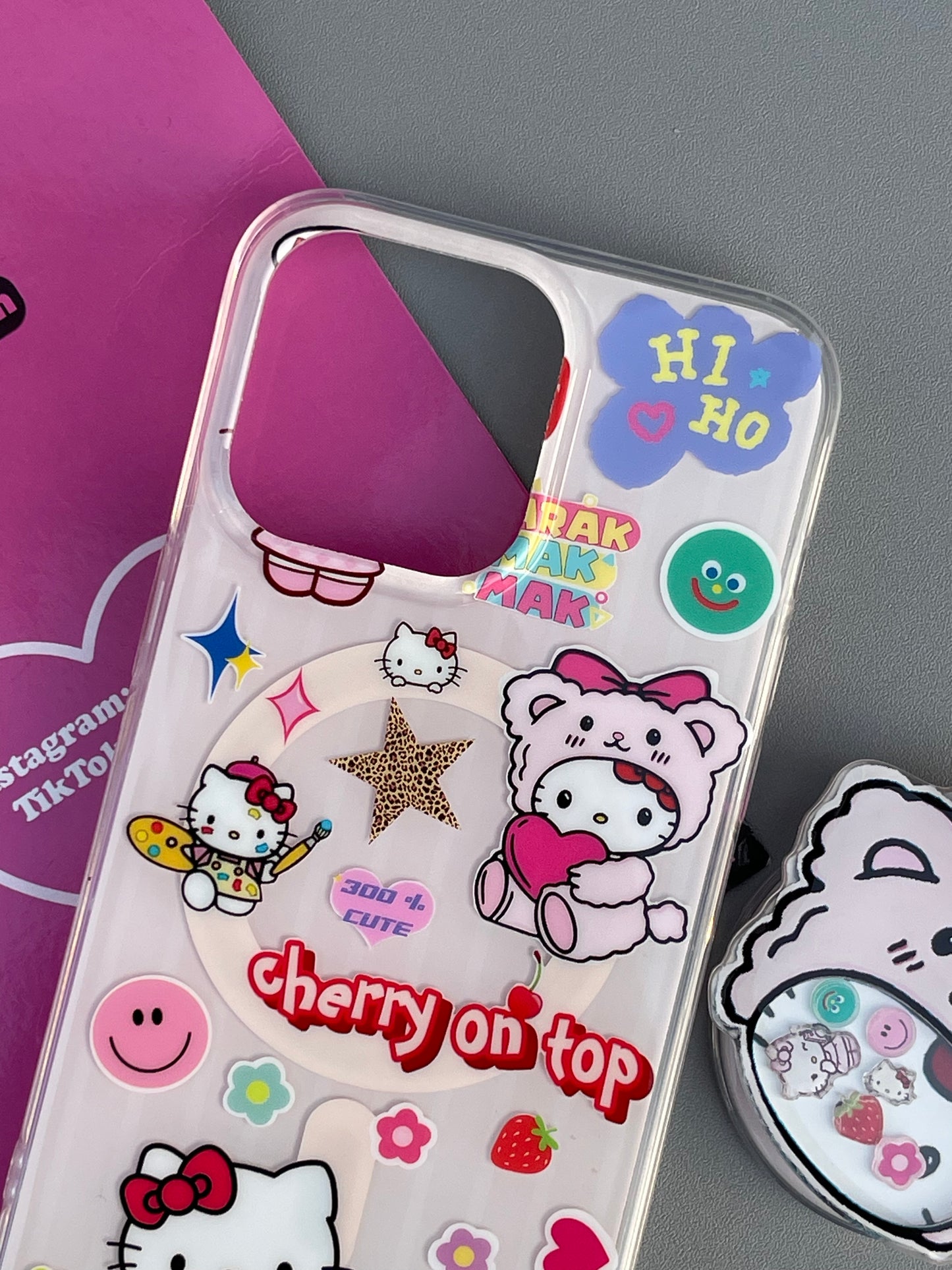 Hellokitty Pink Cute Kawaii MagSafe Case + MagSafe Stand Holder / Phone Grip #0296