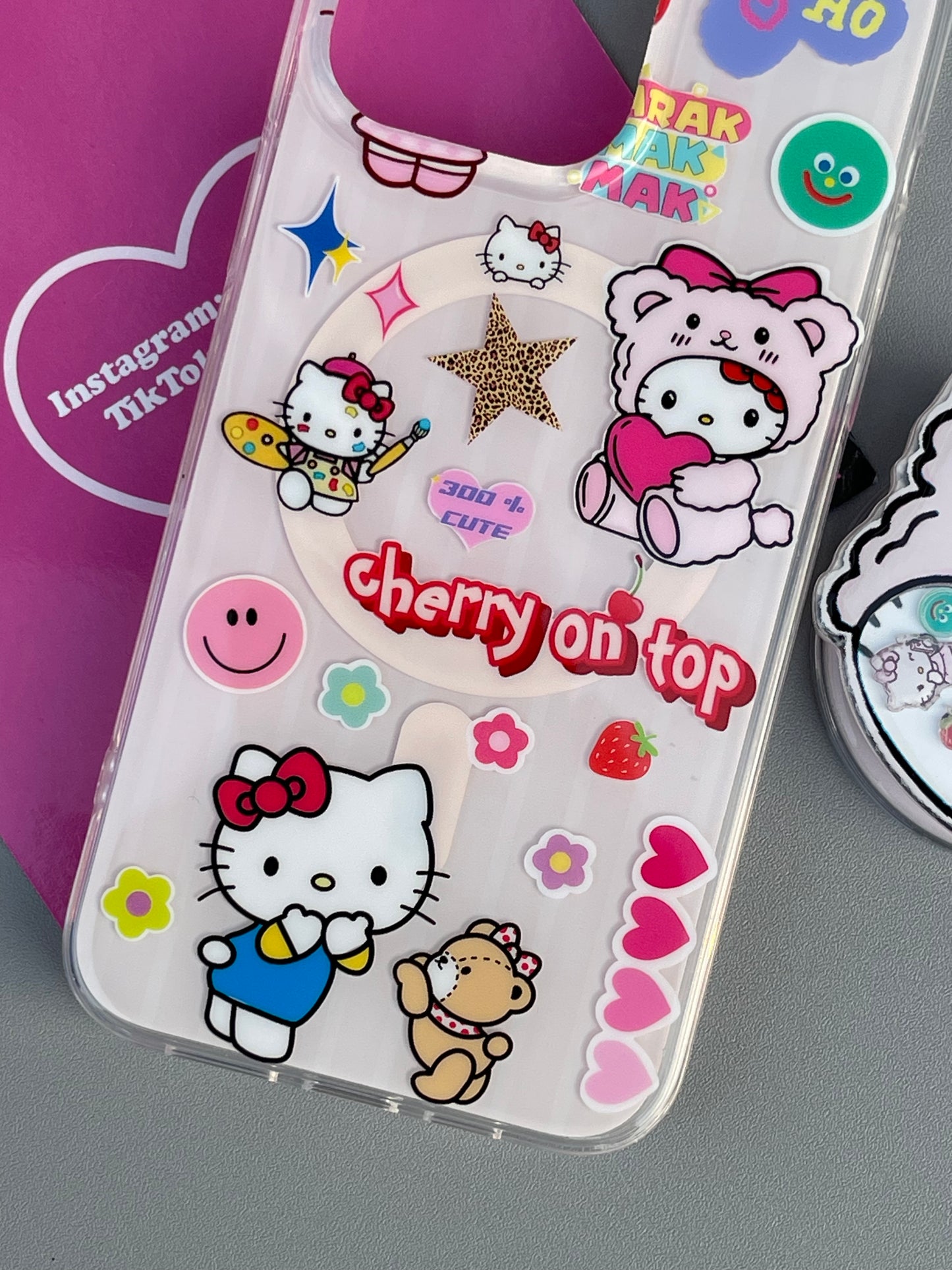 Hellokitty Pink Cute Kawaii MagSafe Case + MagSafe Stand Holder / Phone Grip #0296