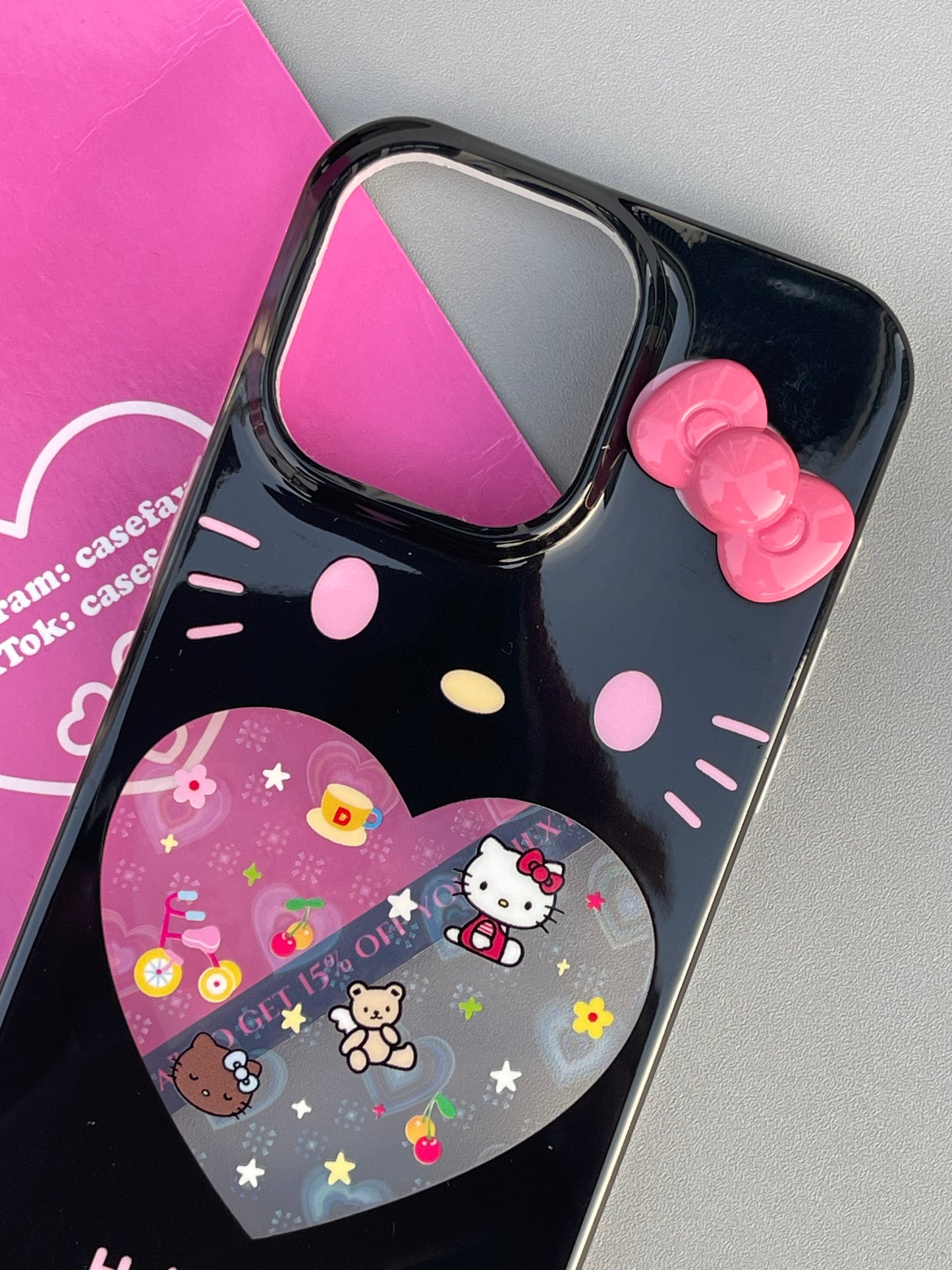 Hellokitty Black Heart Clear Holographic Subtle Heart Cute Kawaii Phone Case #0297