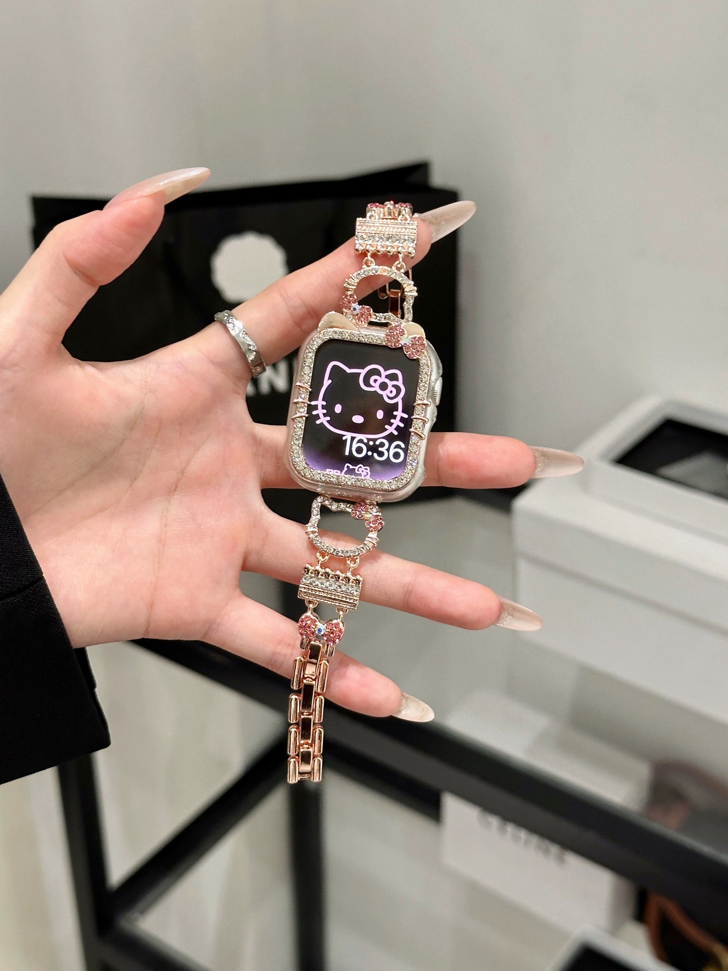 Hellokitty Apple Watch Band Bling Diamond Jewelry Metal Strap Bands with Crystal Tempered Glass Screen Protector Case, Round Shiny Bracelet Wristband for iWatch Series wb#0001