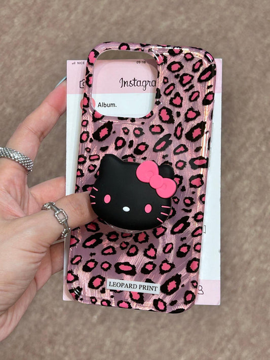 Hellokitty Pink Leopard Print Cute Kawaii Phone Case + Stand Holder / Phone Grip #0031