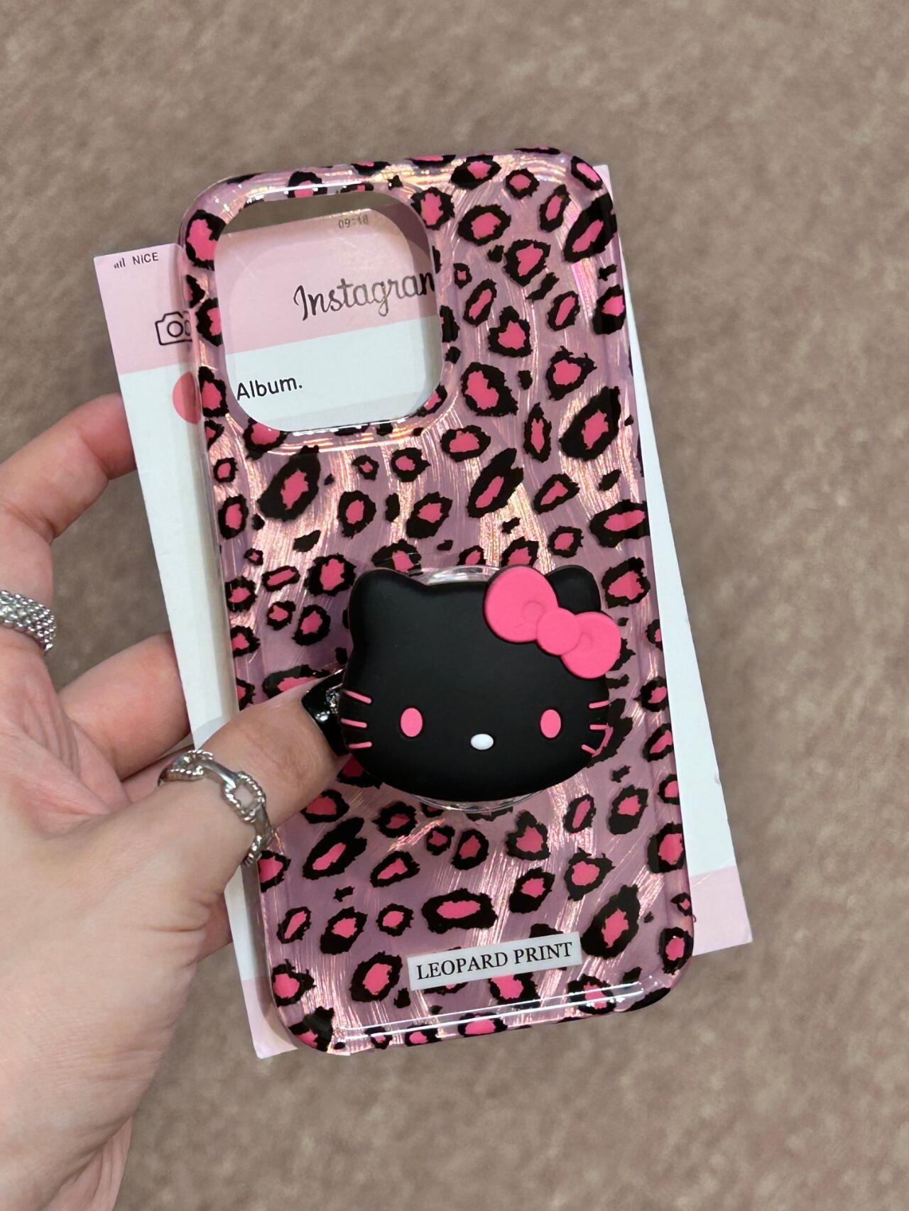 Hellokitty Pink Leopard Print Cute Kawaii Phone Case + Stand Holder / Phone Grip #0031