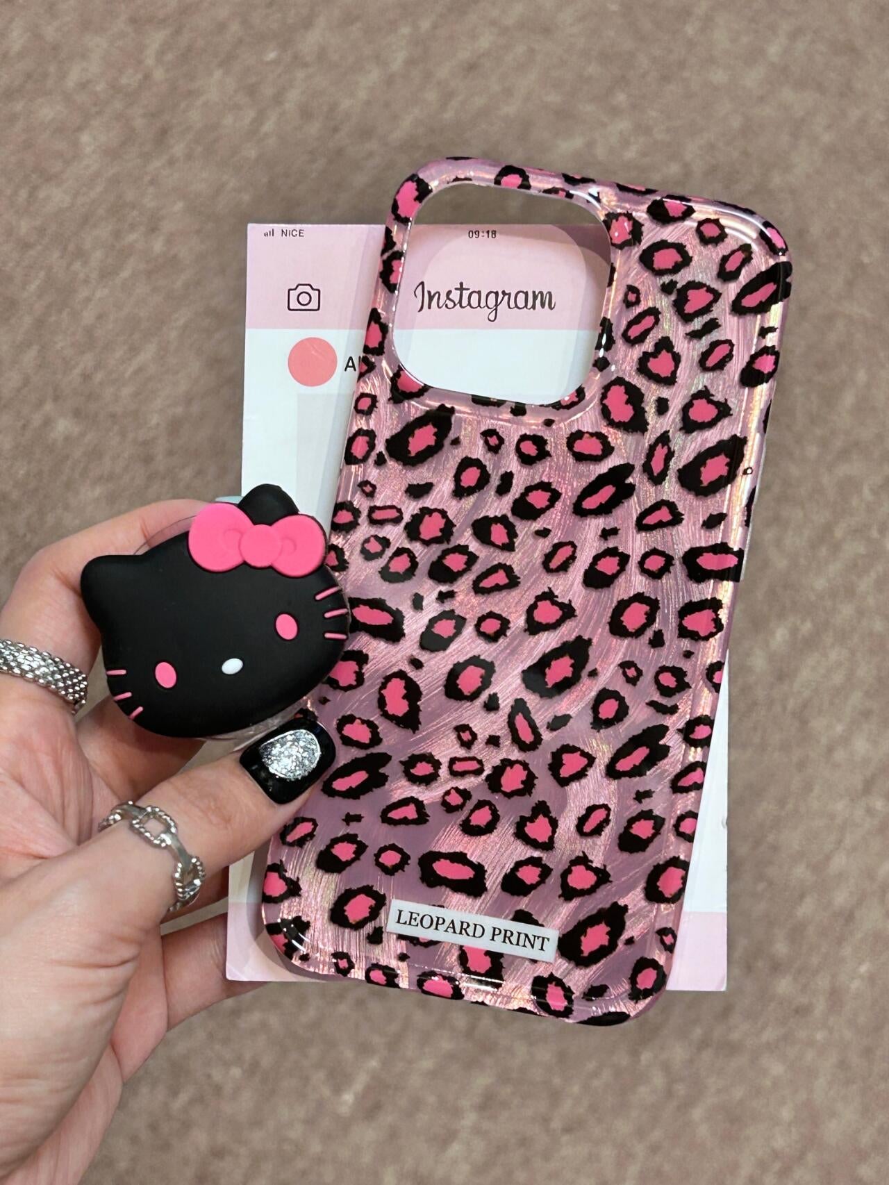 Hellokitty Pink Leopard Print Cute Kawaii Phone Case + Stand Holder / Phone Grip #0031