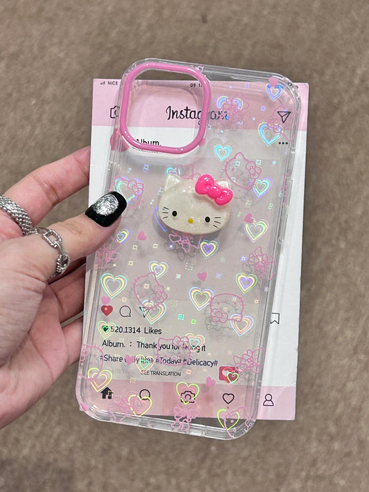 Hellokitty 3D Pink Clear Holographic Subtle Heart Cute Kawaii Phone Case #0035