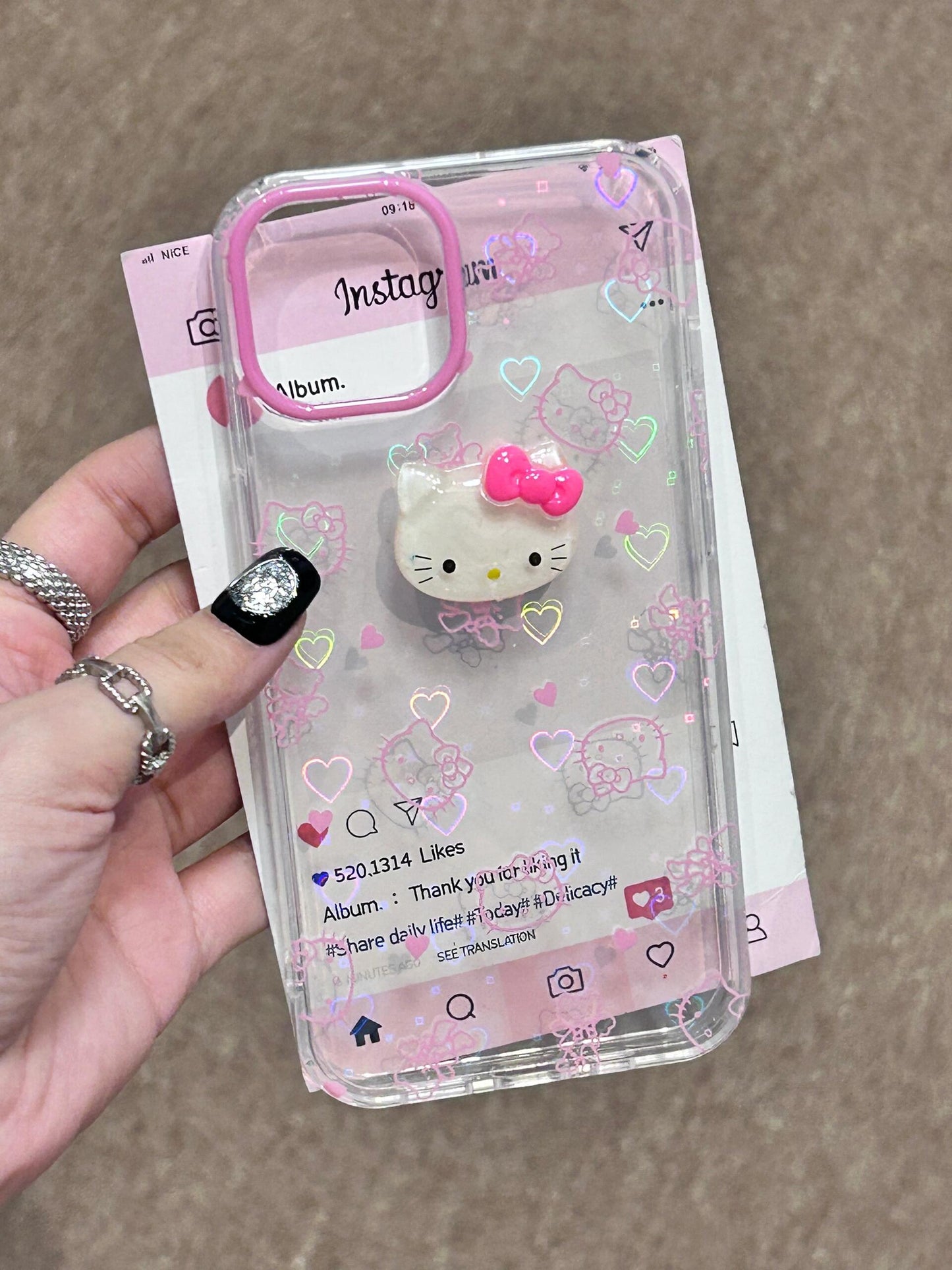 Hellokitty 3D Pink Clear Holographic Subtle Heart Cute Kawaii Phone Case #0035